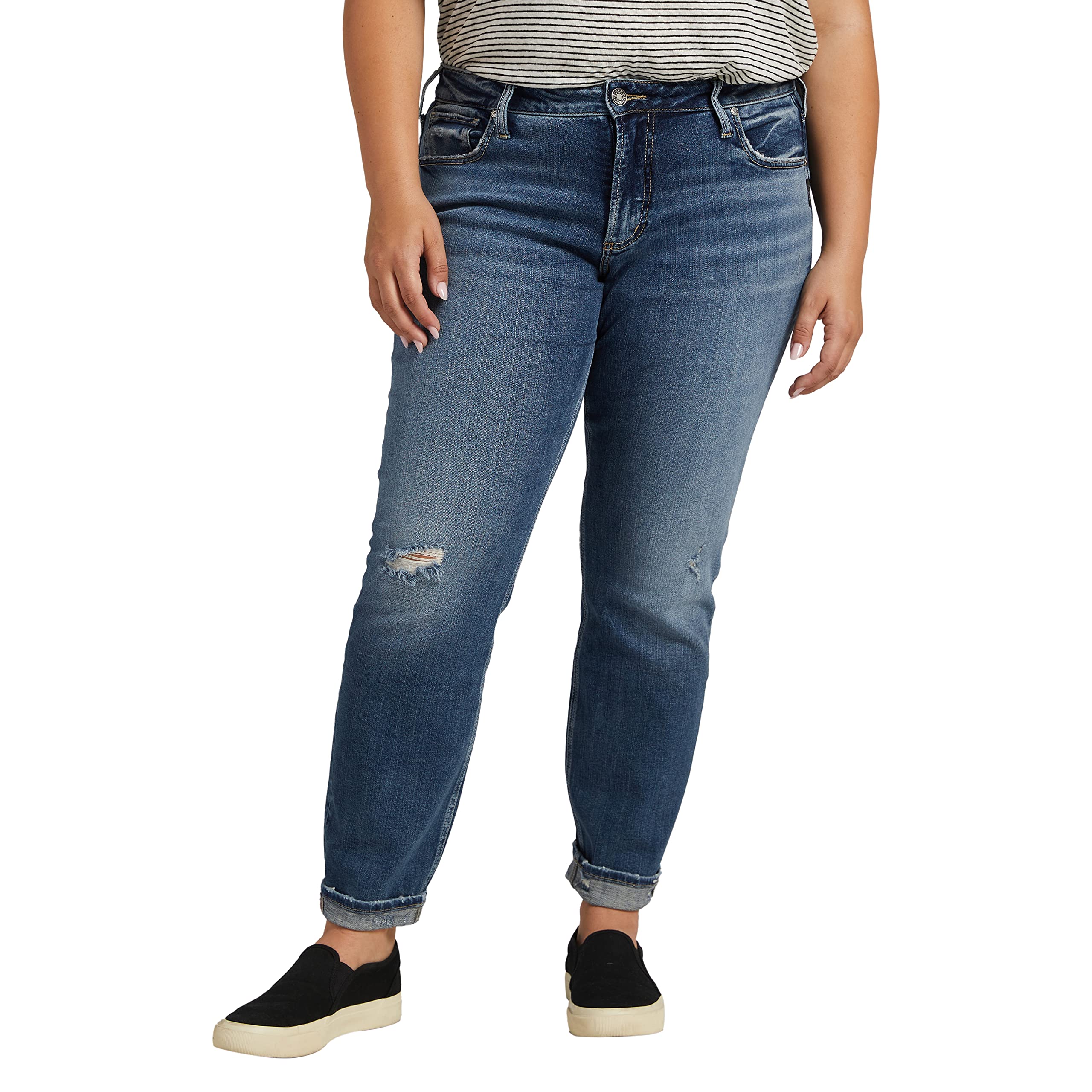 Silver Jeans Co. Women's Plus Size Boyfriend Jeans - Mid Rise Slim Leg Denim Pants for Casual Wear & Everyday Outfits