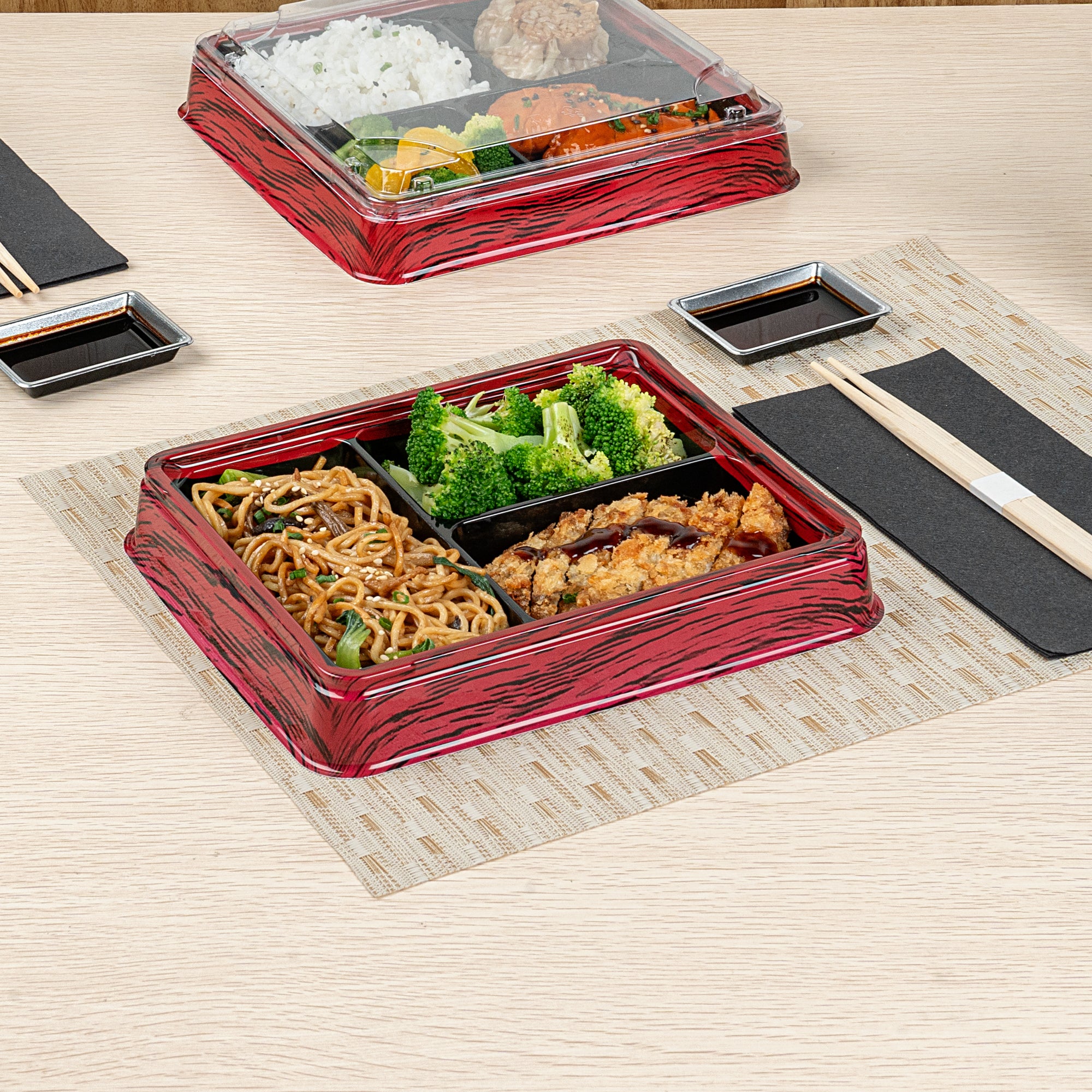 Bento Tek 16 oz Rectangle Red and Black Plastic Bento Box - 3 Compartments Lunch Container (8.75