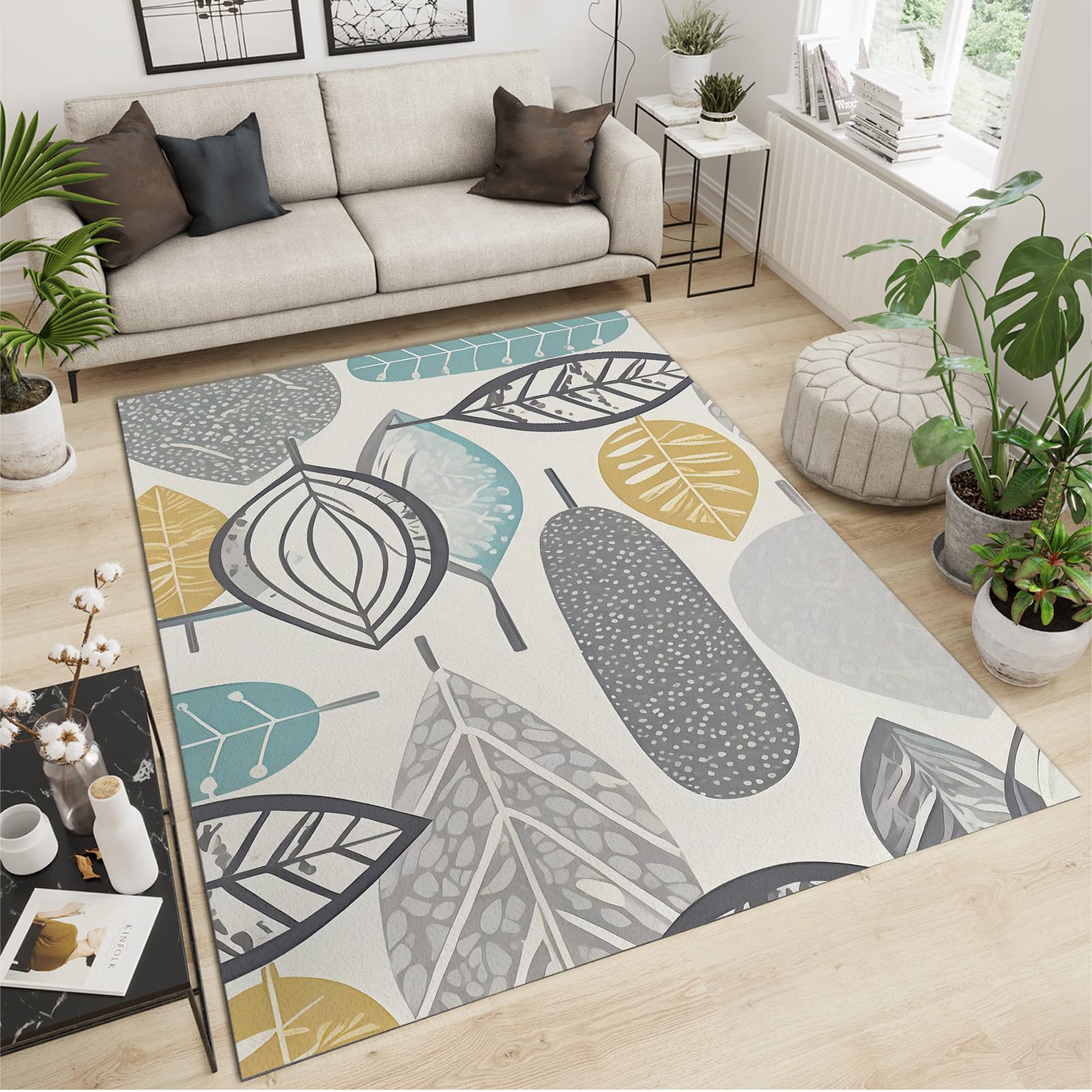 Exotic Leaves Print Area Rug - Light Grayish Yellow & Mint Green Soft Non-Slip Washable Foldable Rug (5x8ft) for Living Room, Nursery, Dorm, Bedroom & Dining Room | Perfect for Kids Play Area & Home Decor