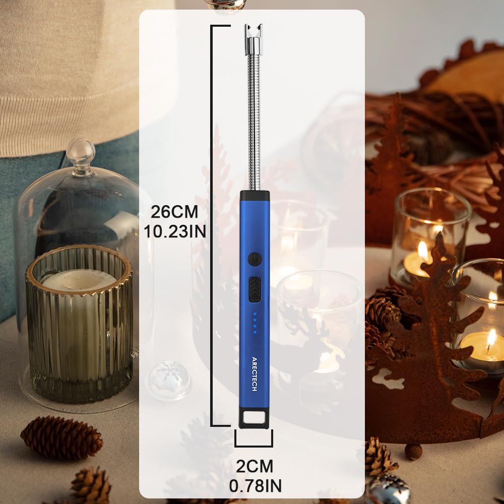 ARECTECH USB Rechargeable Electric Arc Lighter - Windproof Flameless Lighter for Candles, Camping, Fireworks, BBQ & Outdoor Use - Perfect Christmas Birthday Gift for Men & Women (Blue with LED Light) - Ideal for Home, Travel, Emergency Kits & Romantic Settings