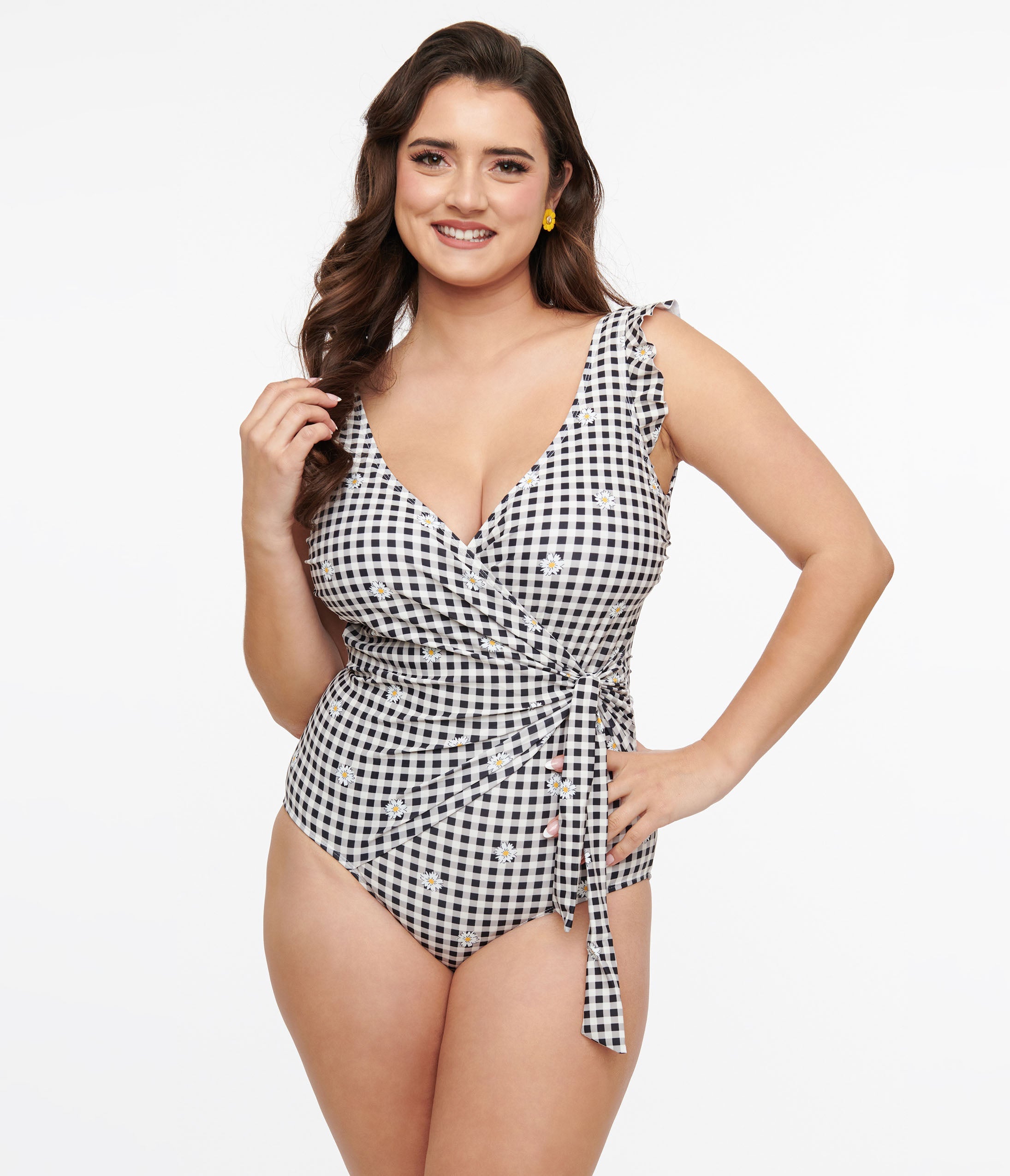 Black & White Daisy Gingham Wrap One Piece Swimsuit for Women - Floral Print Bathing Suit with Tummy Control - Perfect for Beach, Pool, and Summer Vacations