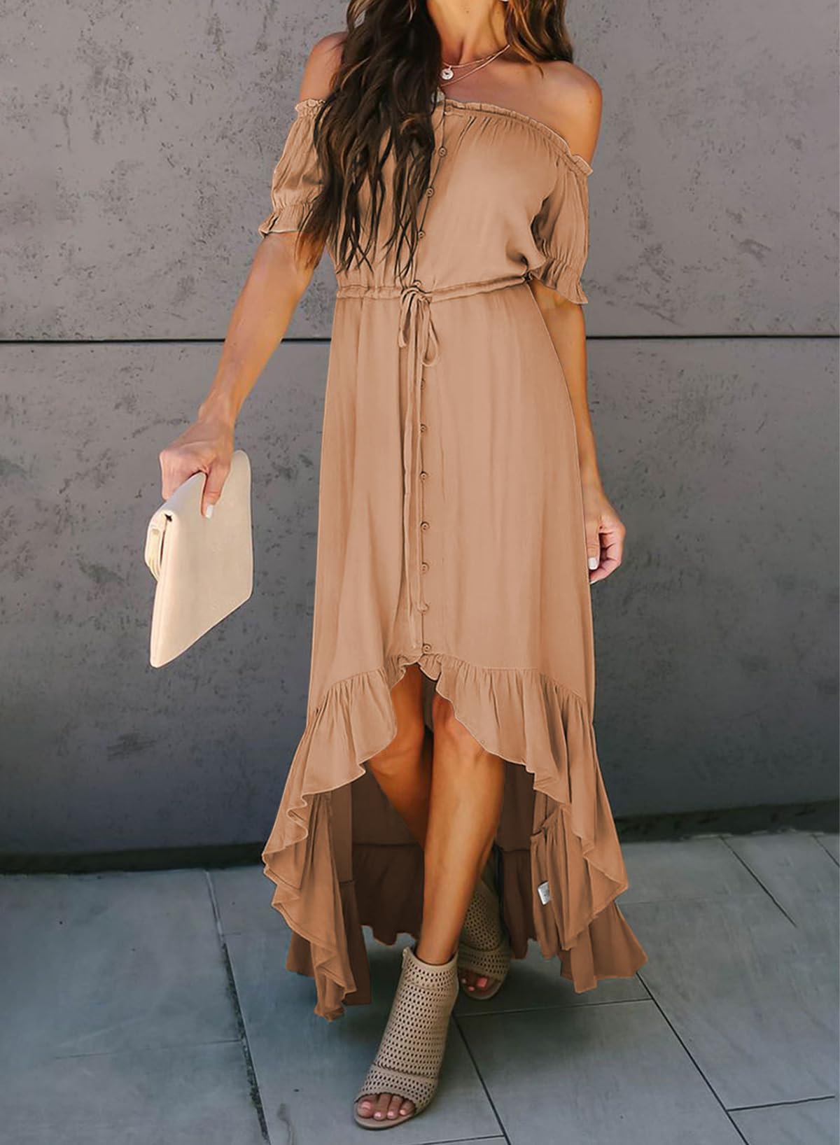 Dokotoo Women's 2025 Off-Shoulder Casual Short Sleeve High-Low Maxi Dress - Solid Color Cocktail Skater Dress for Summer Beach, Party & Vacation