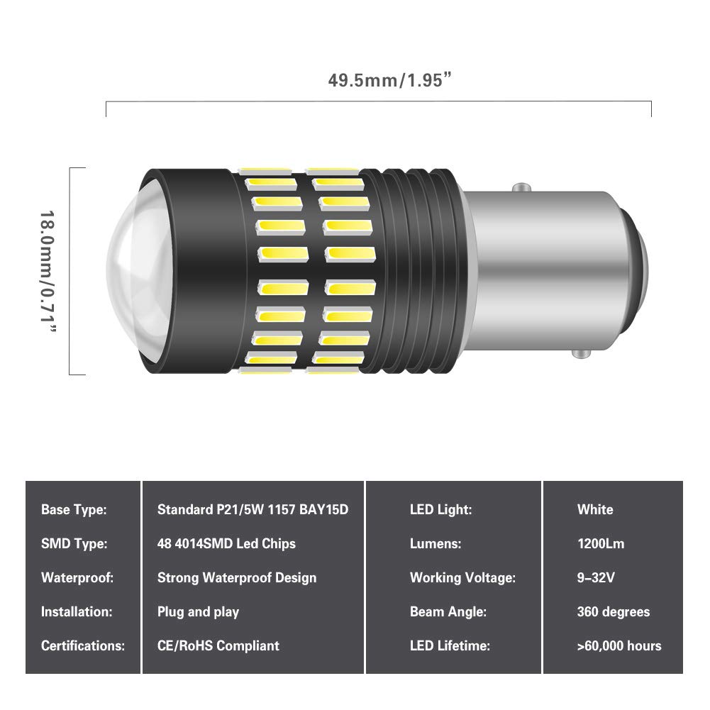 1157 BAY15D LED Bulbs 2400LM 48-SMD 4014 Chipsets with Lens Projector - Super Bright Xenon White Backup Reverse Lights, Tail Lights, Brake Lights, Side Marker Lights (Pack of 2) - Perfect for Trucks, SUVs, Cars & Motorcycles