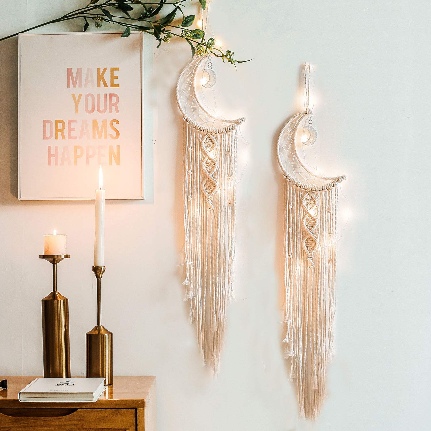 2 PCS Moon Dream Catcher with LED Lights - Boho Wall Hanging Decor for Bedroom, Nursery, Teen Girl Room - Perfect Gift for Women & Girls - Ideal for Meditation Spaces, Dorm Rooms & Home Decoration