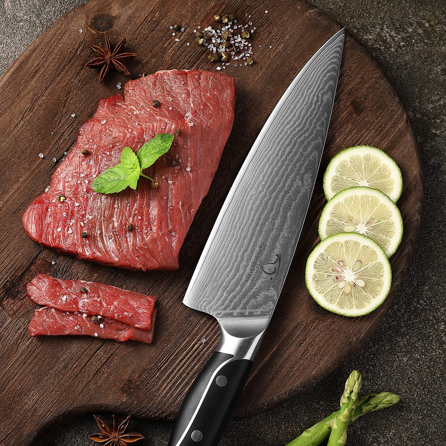 18-Piece Damascus Steel Kitchen Knife Set with 8 Steak Knives, Non-Slip ABS Ergonomic Handle, Knife Sharpener & Shears - 17-Slot Ash Wood Knife Block (Grey) - Perfect for Home Chefs, Cooking Enthusiasts & Professional Kitchens