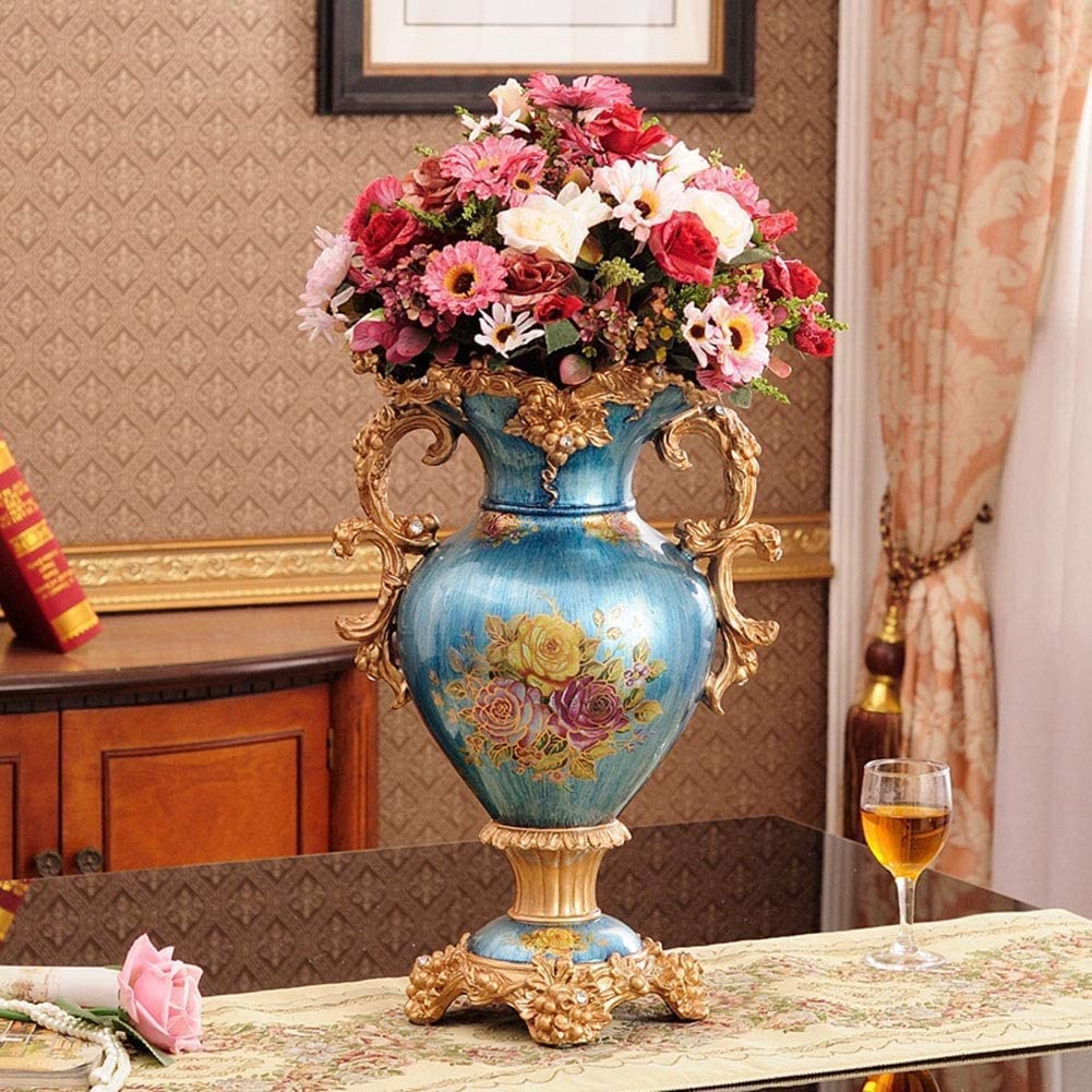 Hand-Painted European-Style Retro Resin Tall Flower Vase - 31cm×46cm Blue Decorative Centerpiece for Living Room, Dining Table, Bedroom, Office & Hotel Decor - Perfect for Weddings, Home Styling and Gift Giving