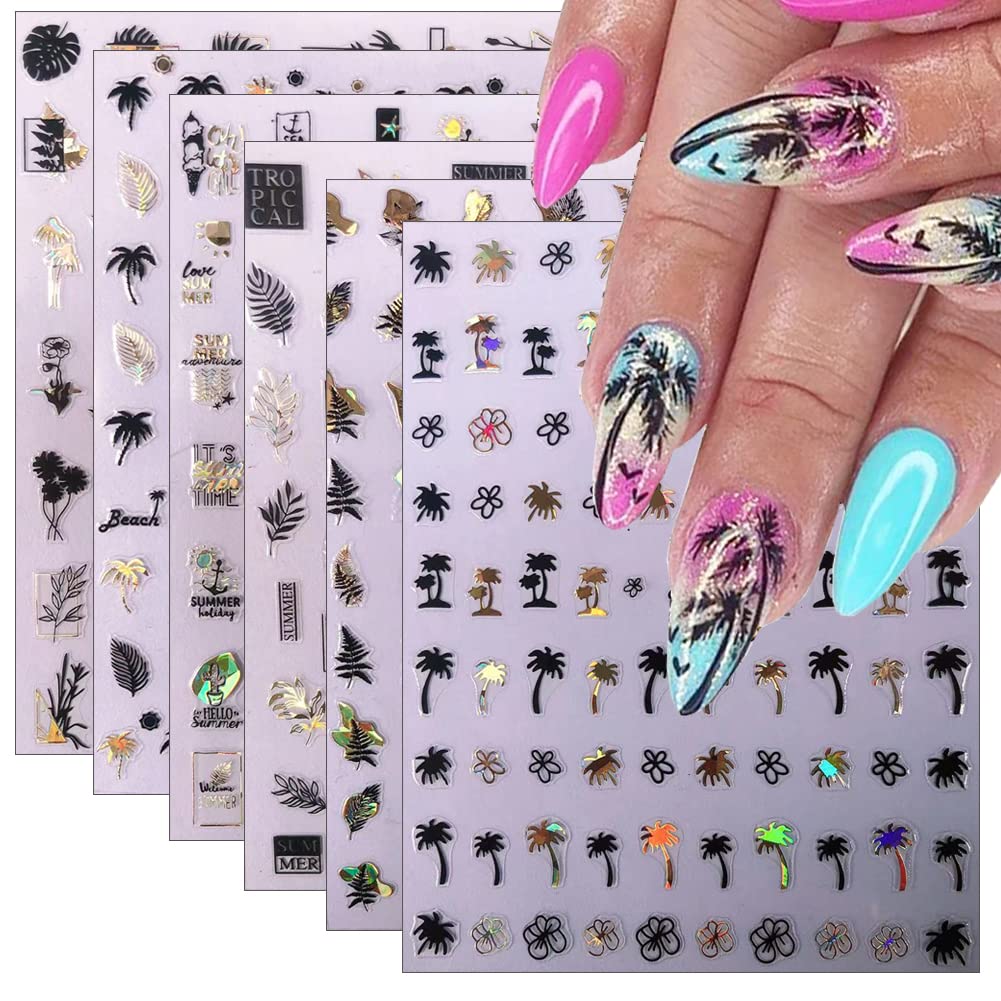 6 Sheets Gold Nail Stickers - 3D Self-Adhesive Flower & Tropical Nail Art Designs for Women - DIY Nail Decoration Supplies for Acrylic Nails - Perfect for Summer Vacations, Beach Parties & Bridal Manicures