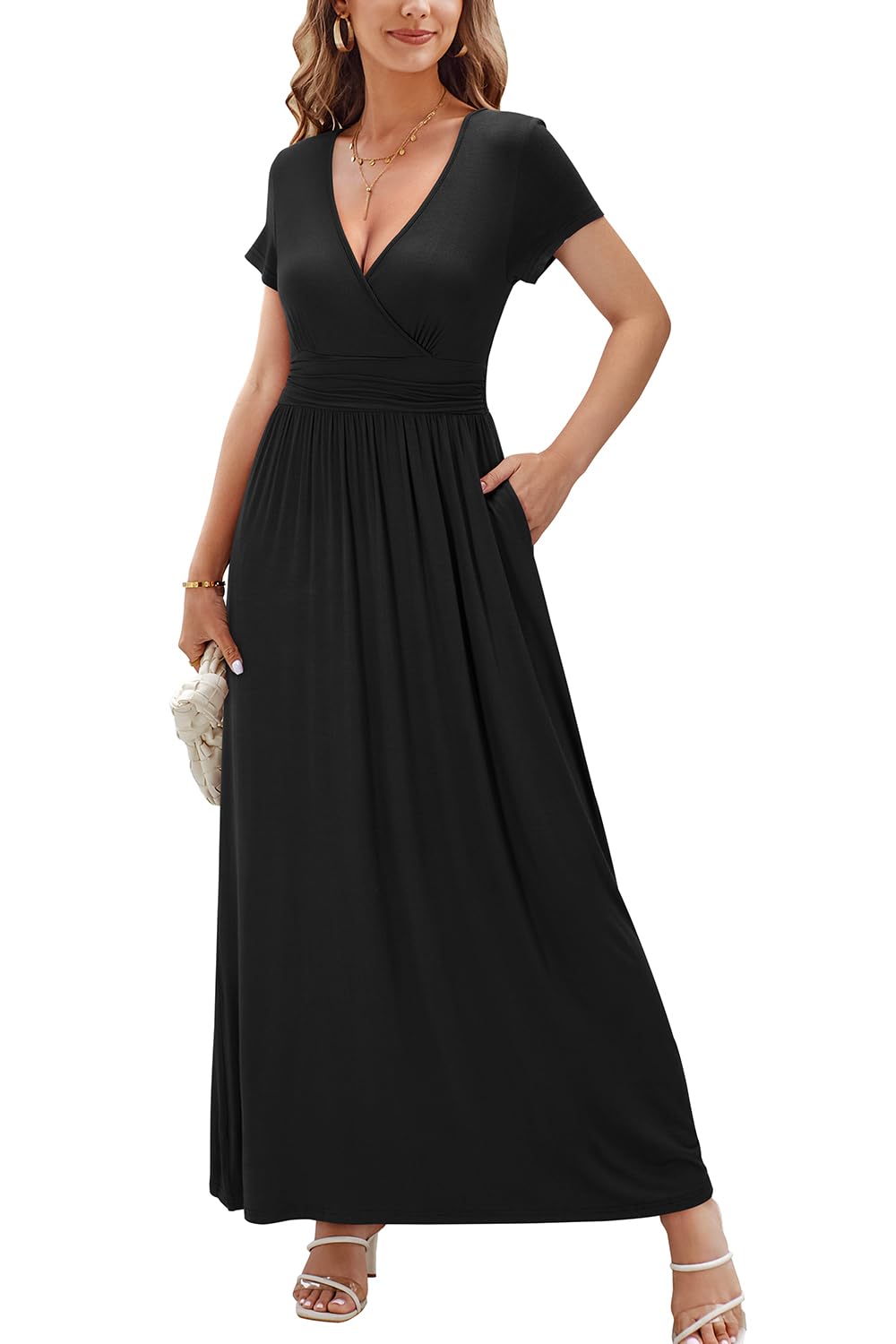 OUGES Women's Long/Short Sleeve V-Neck Wrap Waist Maxi Dress - Elegant Flowy Summer Beach Dress for Vacation, Wedding Guest & Casual Wear