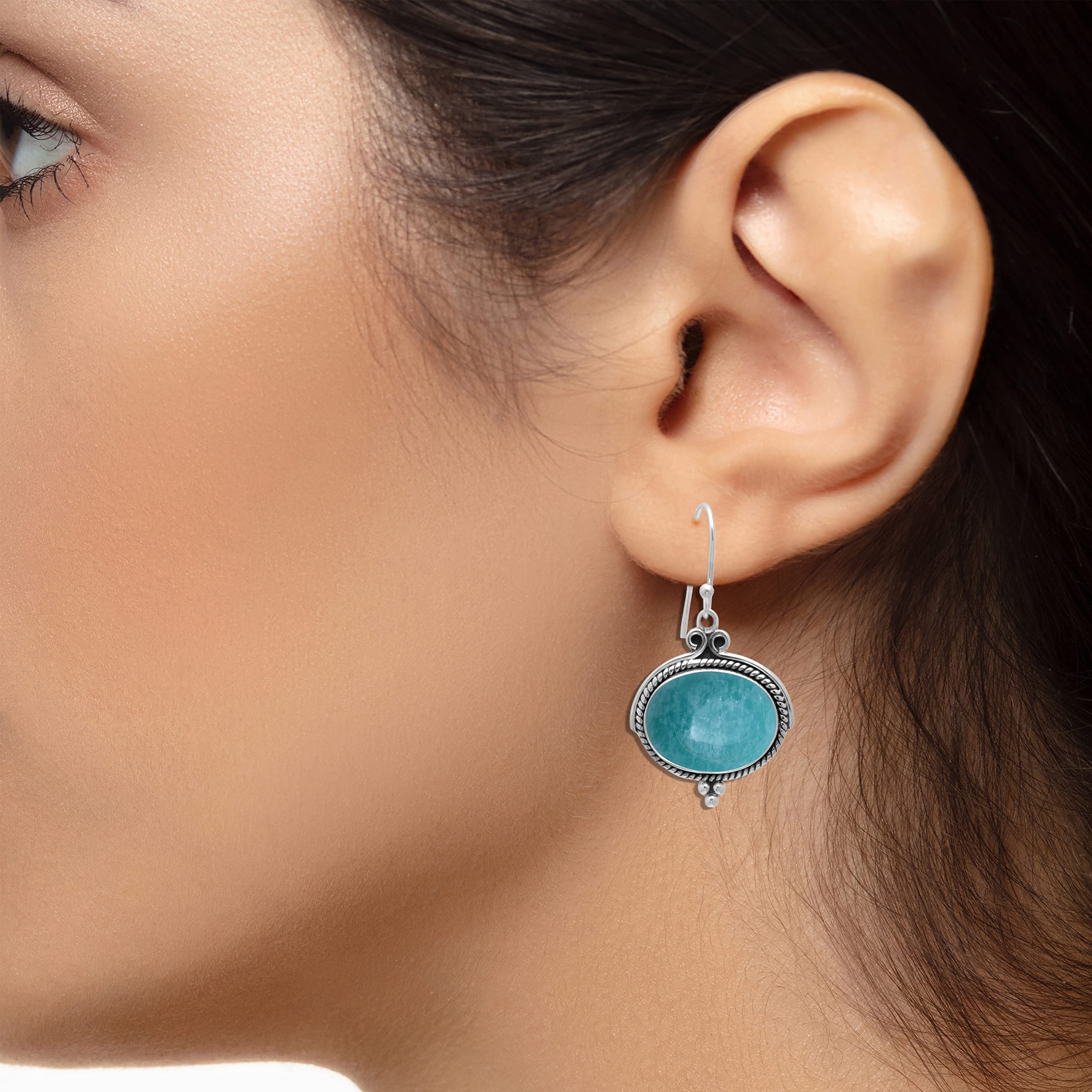 Veracity Jewelry Amazonite Earrings for Women - 925 Sterling Silver Dangle Earrings with Blue Green Gemstone - Handmade Healing Crystal Jewelry - Perfect for Meditation, Yoga & Spiritual Gifts (VSE-46)