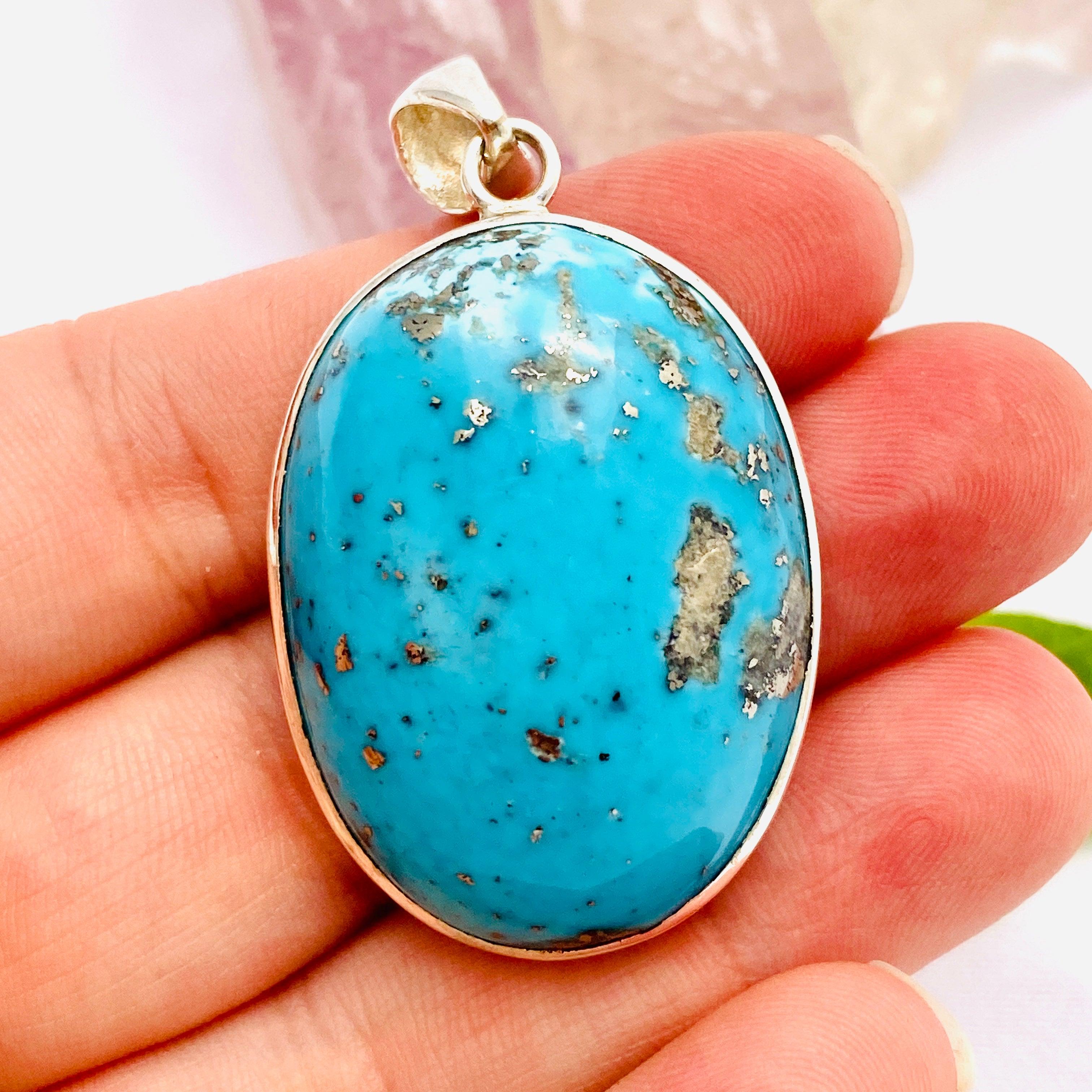 Natural Persian Turquoise & Pyrite Oval Cabochon Pendant KPGJ1712 - Handmade Jewelry for Women, Boho Chic Necklace, Perfect for Gifts & Everyday Wear