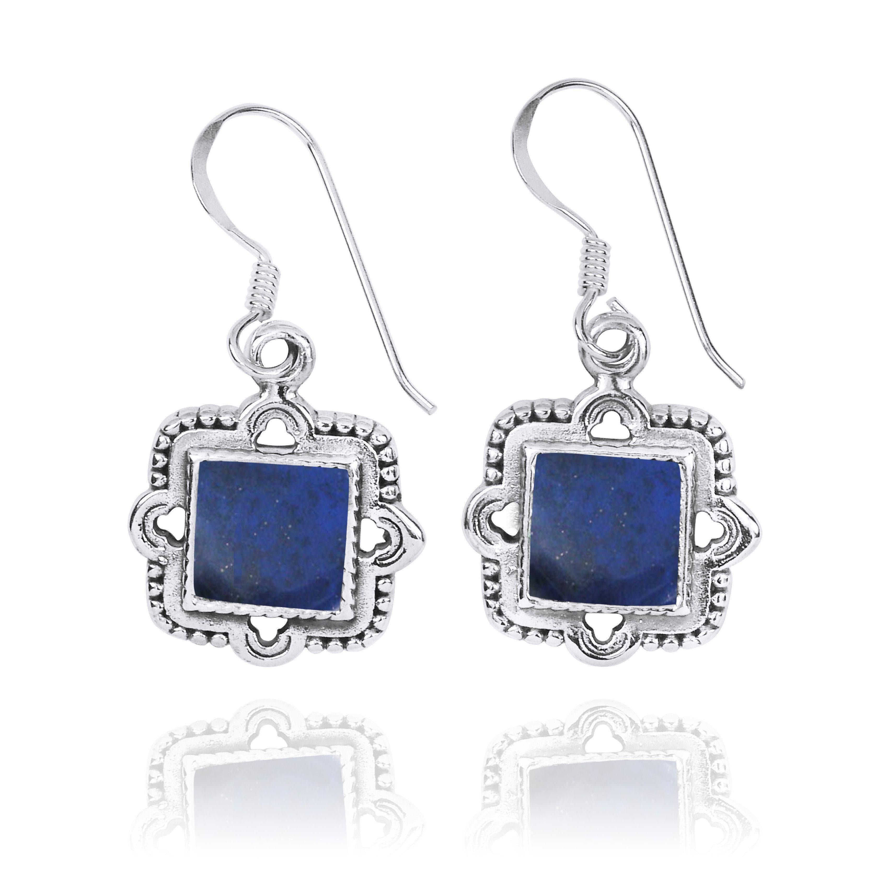 Aztec Theme Square Sterling Silver French Wire Earrings with Genuine Lapis - Boho Chic Jewelry for Women, Perfect for Festivals, Parties & Everyday Wear