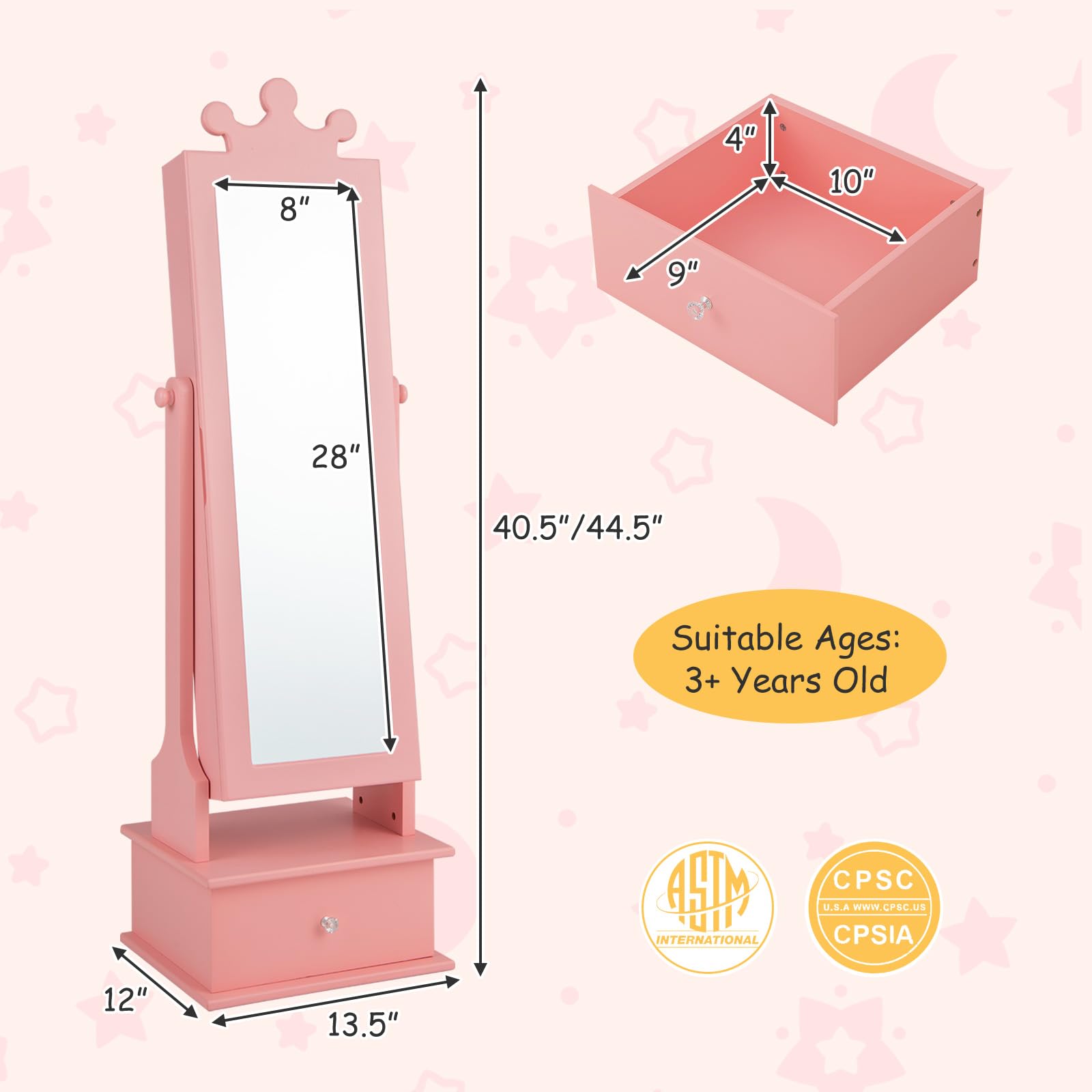 HONEY JOY Kids Jewelry Armoire Cabinet - Pink Wooden Standing Jewelry Organizer with Full-Length Mirror & Storage Drawers | 2-Angle Tilting Design for Little Girls | Perfect for Bedroom, Playroom & Dress-Up Play | Children's Jewelry Storage & Dress-Up Cabinet