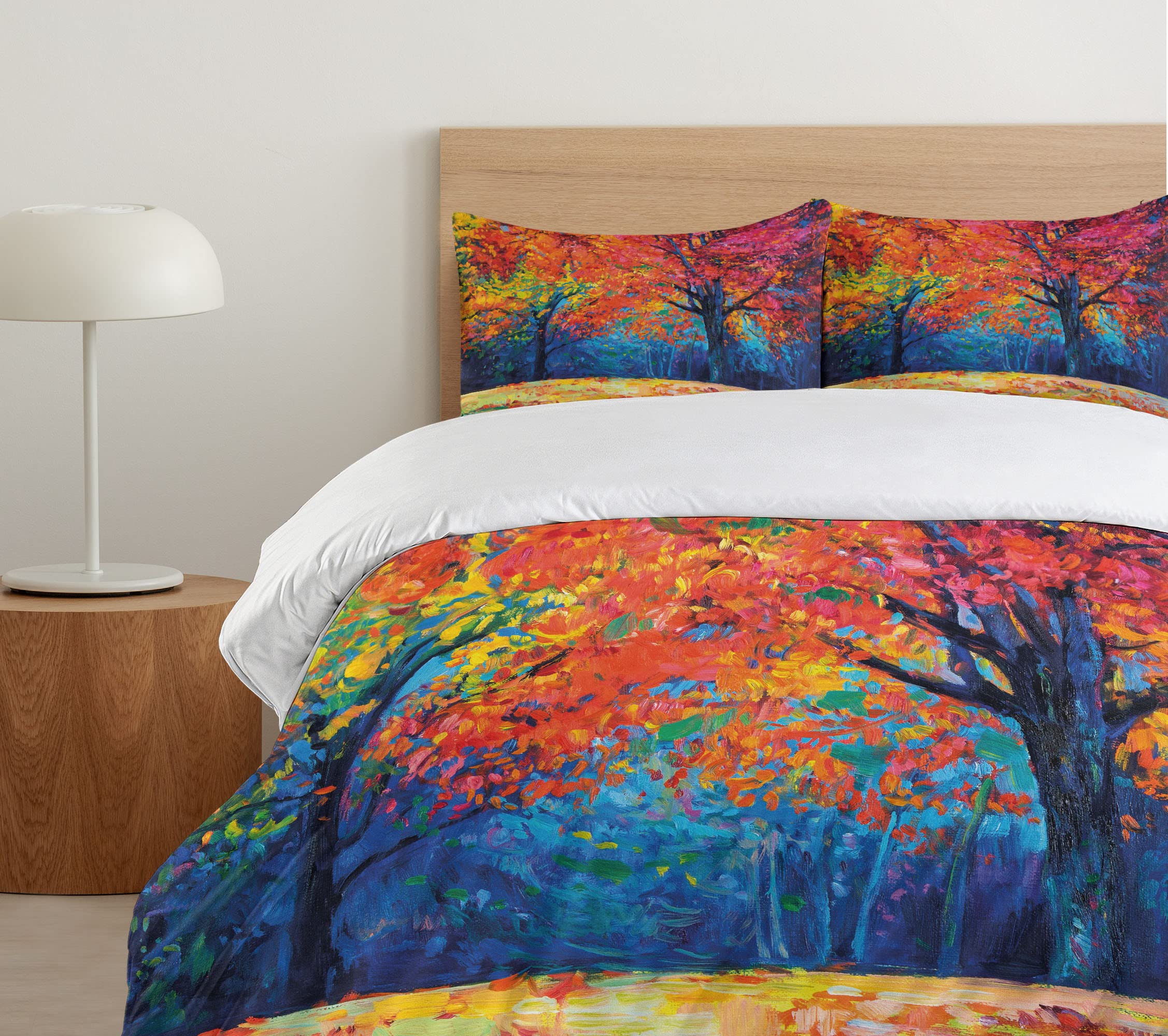 Ambesonne Autumn Leaves Duvet Cover Set - King Size 3-Piece Bedding with 2 Pillow Shams, Vibrant Vermilion & Navy Blue Fall Tree Design for Cozy Seasonal Home Decor | Perfect for Master Bedroom, Guest Room & Autumn-Themed Interior Styling