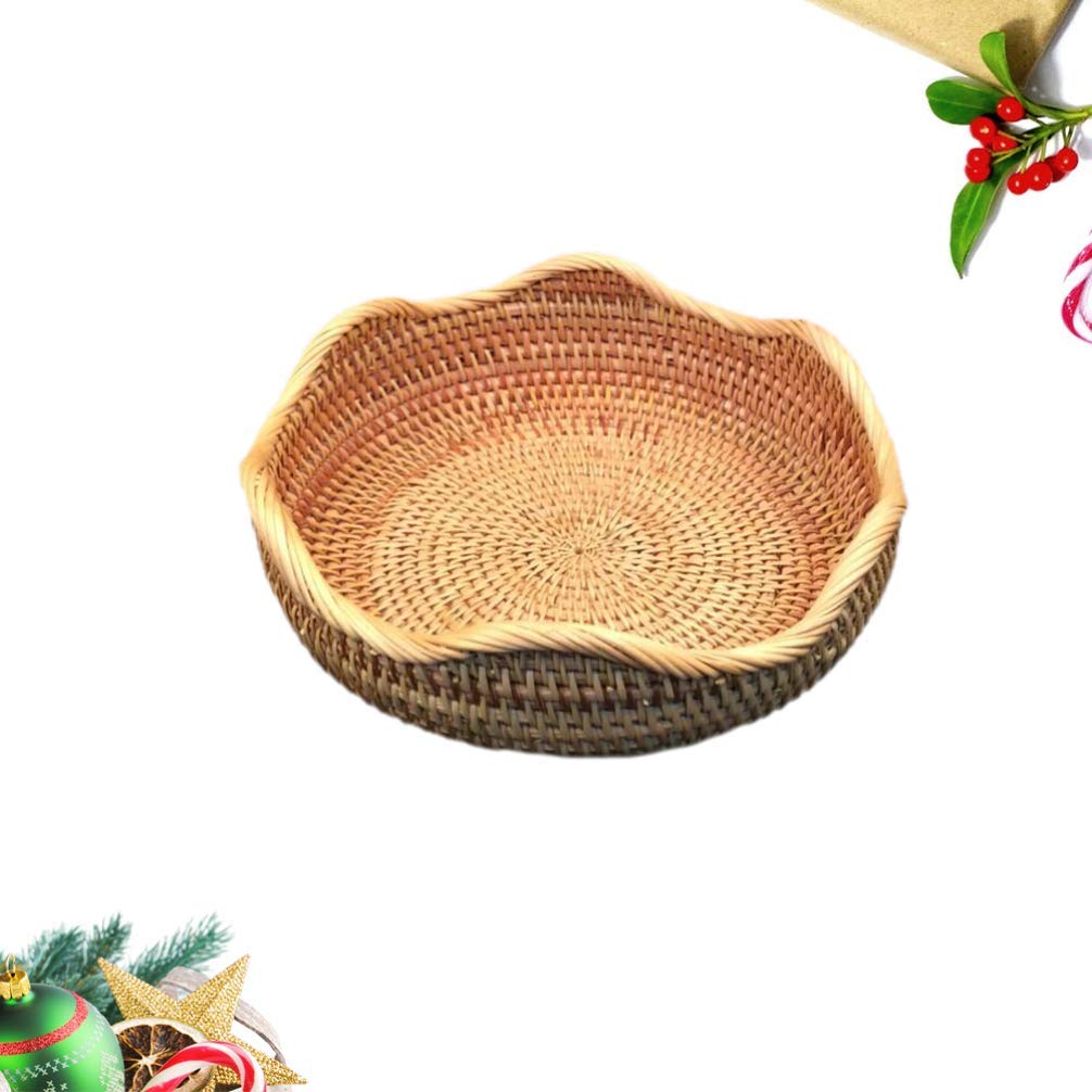 Round Rattan Fruit Basket - Woven Wicker Food Tray & Storage Bowl Holder - Kitchen Organizer & Snack Serving Bowl (Medium Size) - Perfect for Fruit Display, Kitchen Counter Storage & Party Serving