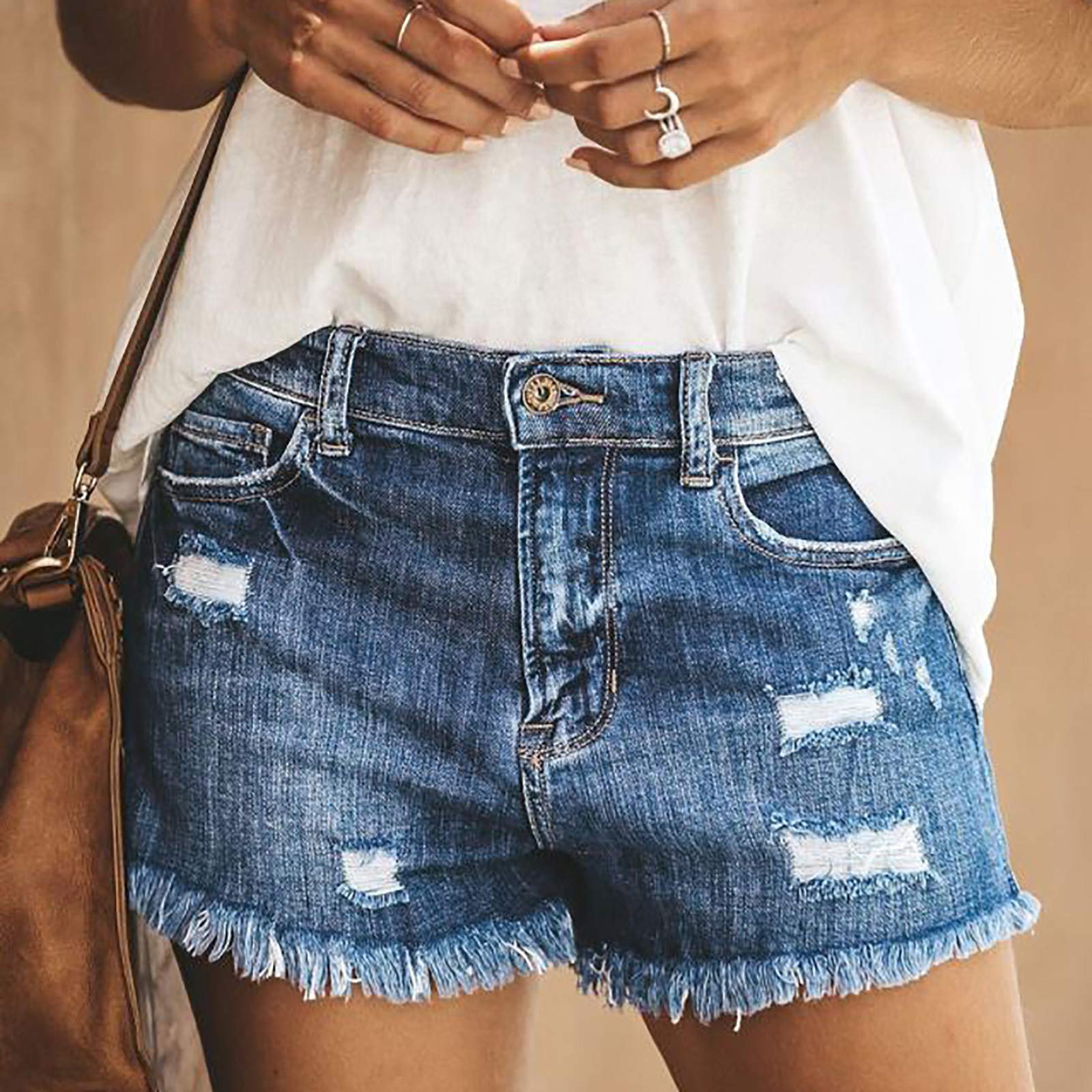 High Waisted Curvy Jeans Shorts for Women - Frayed Raw Hem Distressed Ripped Denim Shorts with Pull On Design | Trendy Summer Outfit for Casual Wear, Beach & Street Style
