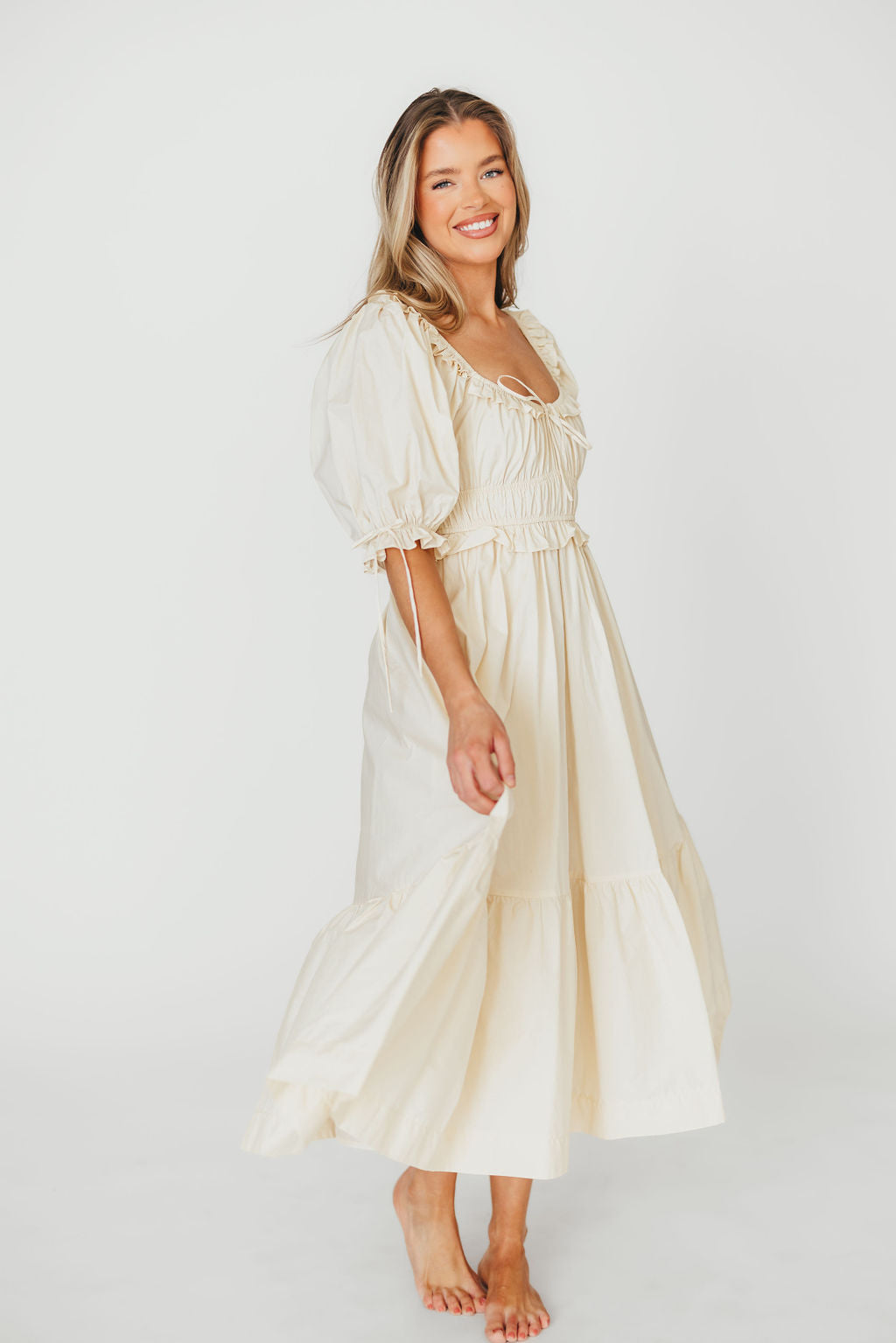 100% Cotton Crissy Ruched Midi Dress in Cream - Bump Friendly Maternity Dress for Pregnancy, Nursing & Postpartum - Perfect for Baby Showers, Date Nights & Special Occasions