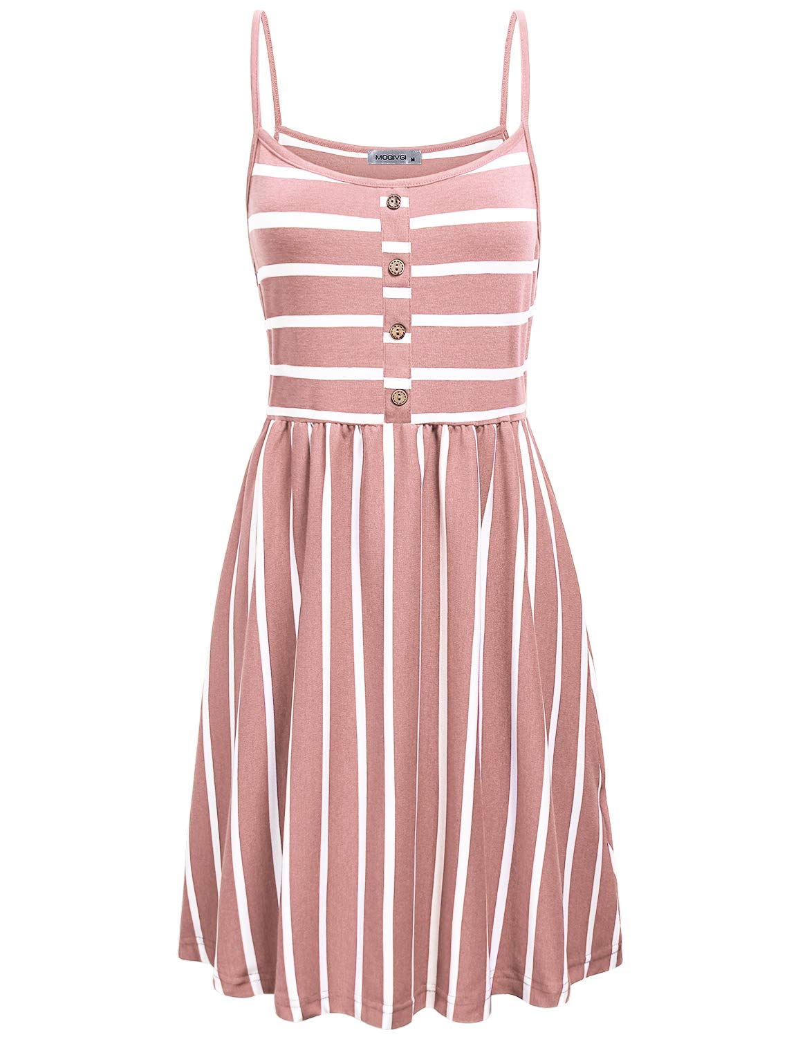 MOQIVGI Women's Spaghetti Strap Pleated Summer Dress with Button Detail - Casual Striped Flowy Midi Dress for Beach, Vacation & Date Night