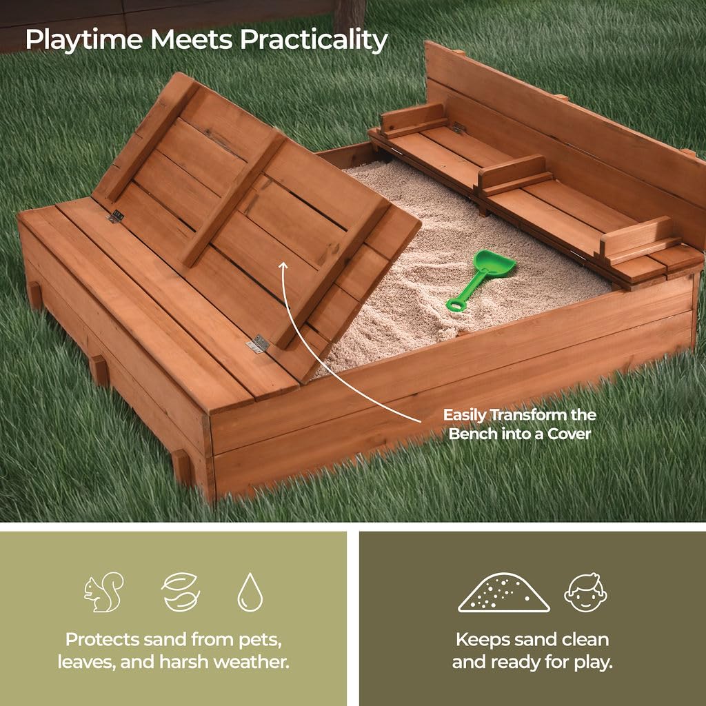 Large Wooden Kids Sandbox with Lid – Outdoor Sand Box with Cover, Foldable Bench Seats & Bottom Liner – Perfect for Backyard, Garden & Playground Sand Play