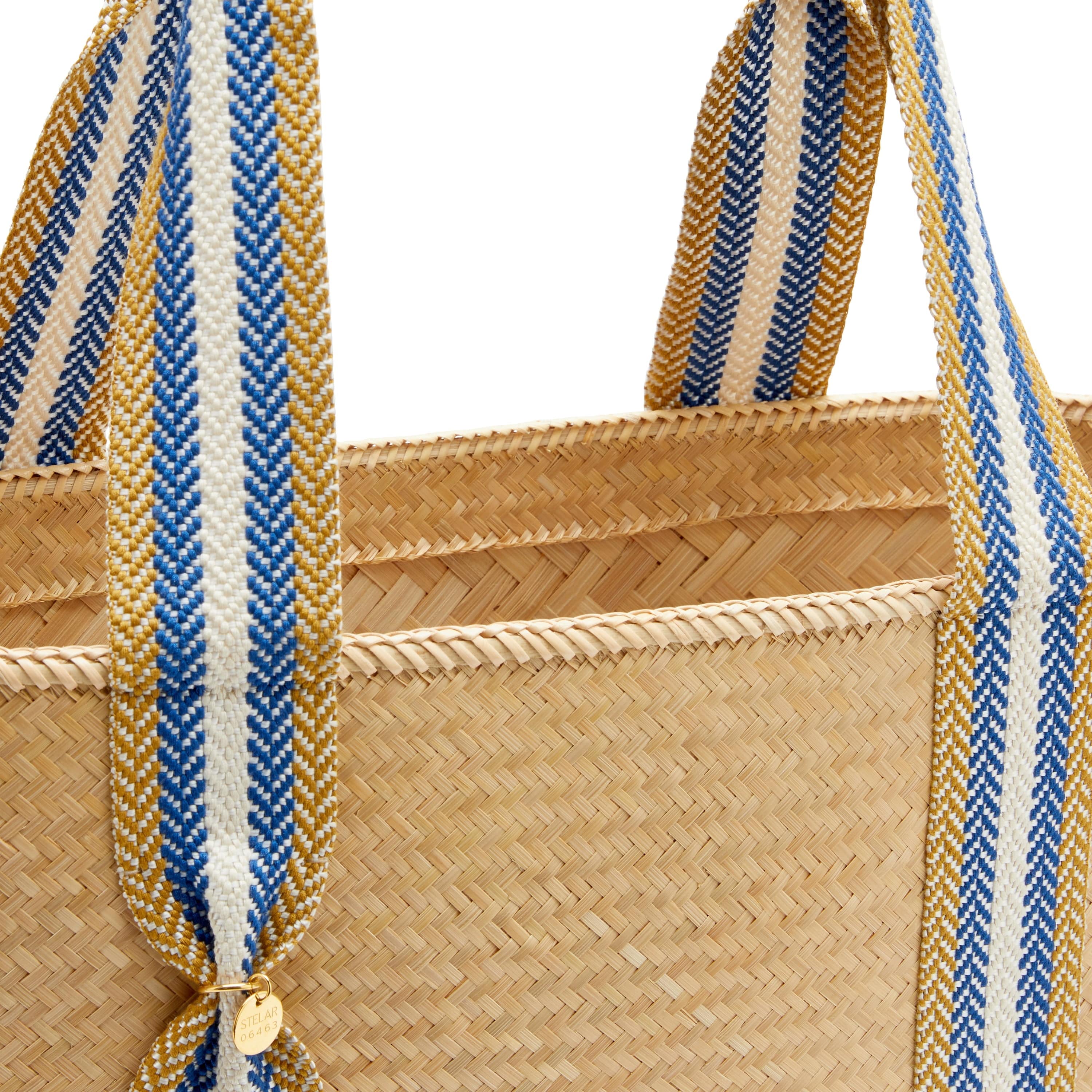 Eco-Friendly Mentawai Handwoven Bamboo Vegan Tote Bag - Medium Size, Blue Stripe Design | Perfect for Beach, Shopping & Sustainable Fashion