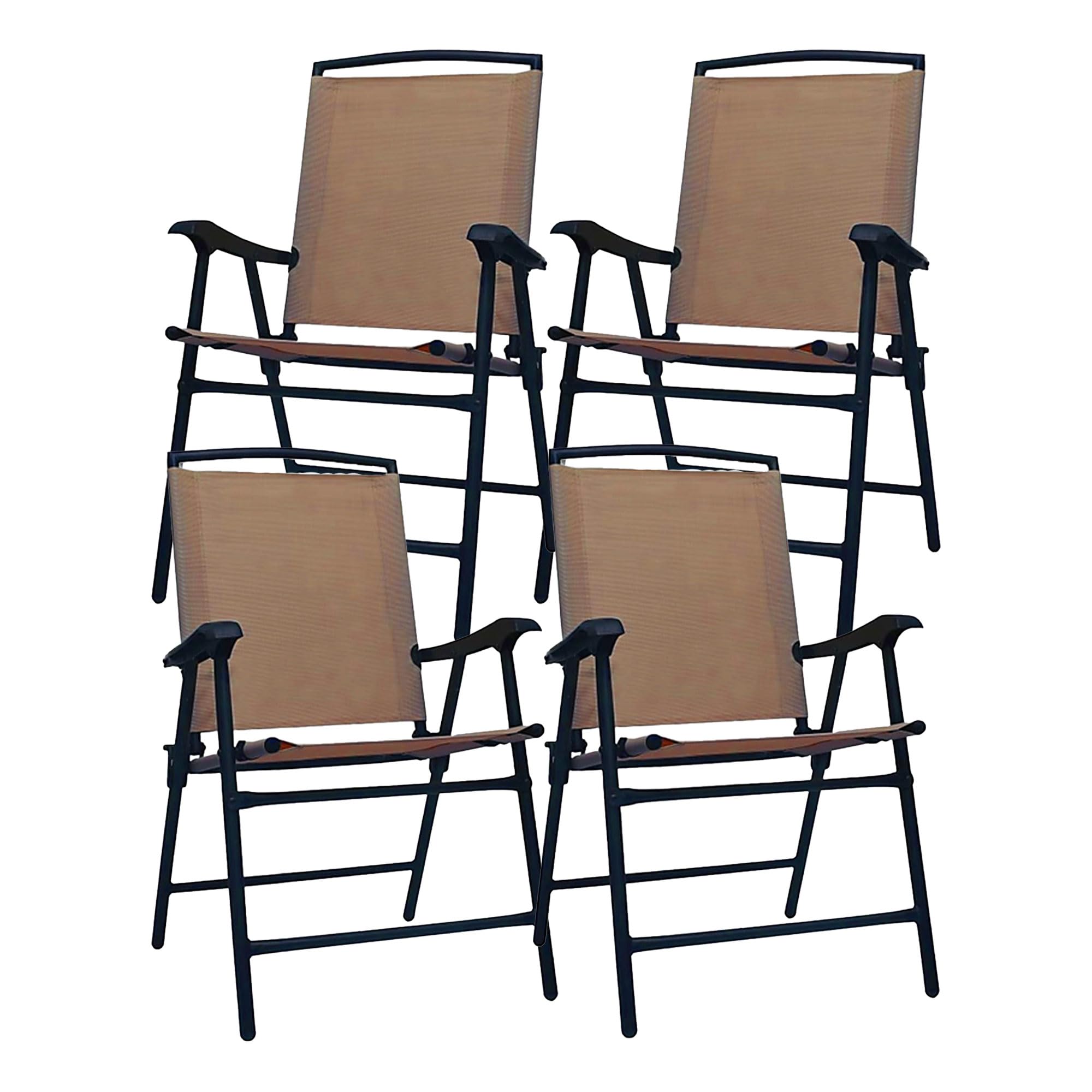 4-Pack Steel Frame Folding Arm Chairs with Sling Fabric - Mocha Patio Lounge Seating Set for Outdoor, Garden, Poolside & Backyard Relaxation | Four Seasons Courtyard Sunny Isles Collection