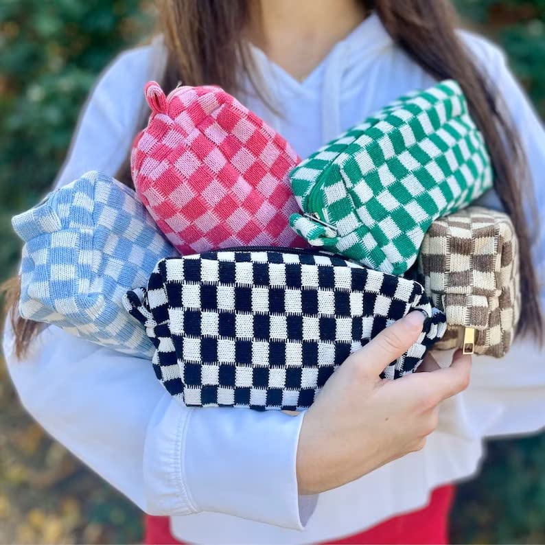 6-Piece Checkered Makeup Bag Set - Pink & Black Preppy Cosmetic Pouches for Women | Travel Toiletry Organizer, DIY Brush Storage | Perfect for School, Gym & Vacation Essentials
