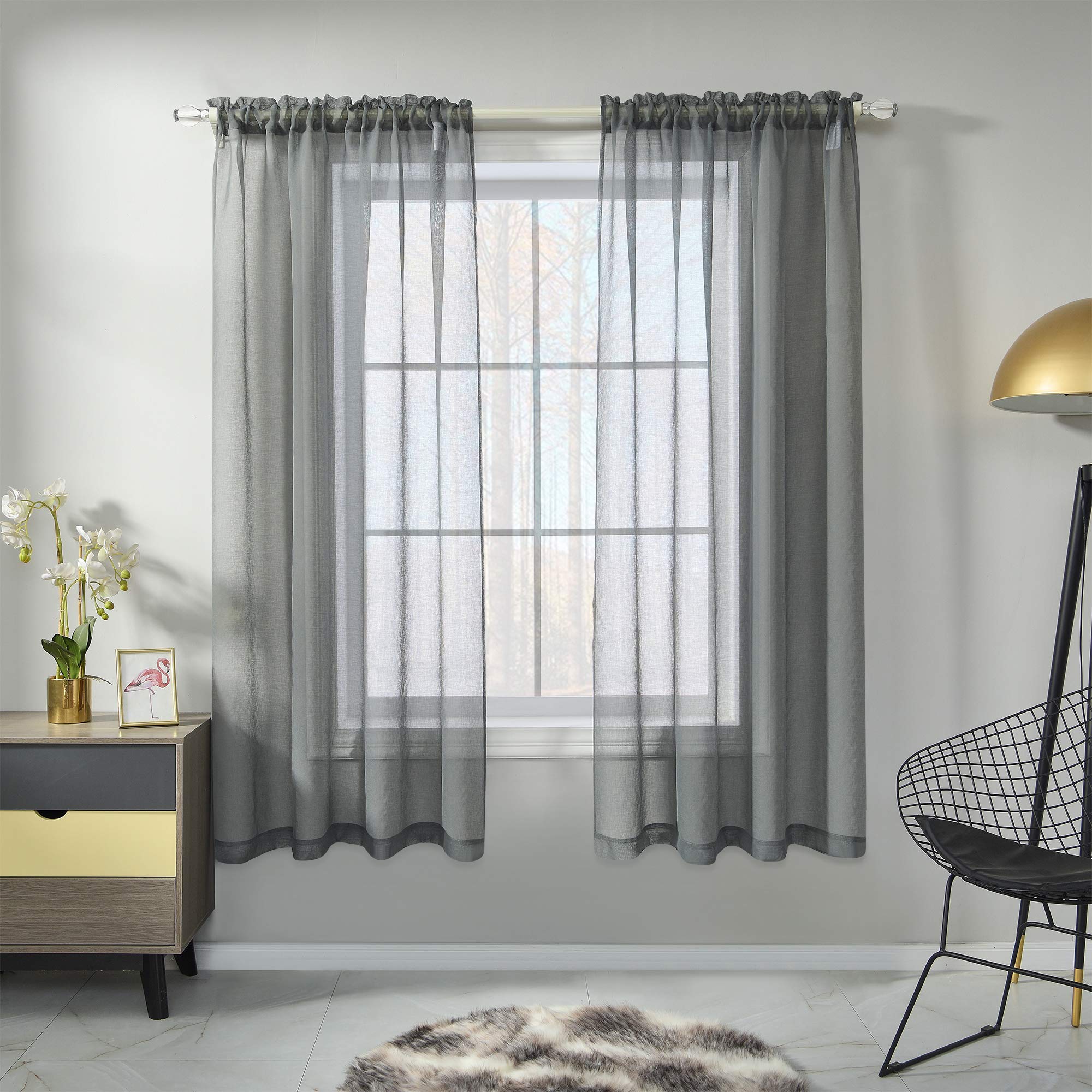 Charcoal Gray Sheer Curtains 45 Inch Length - 2 Panels Faux Linen Window Drapes with Rod Pocket for Kids Bedroom, Bathroom & Small Windows (52x45 Inches) - Light Filtering Privacy & Elegant Home Decor