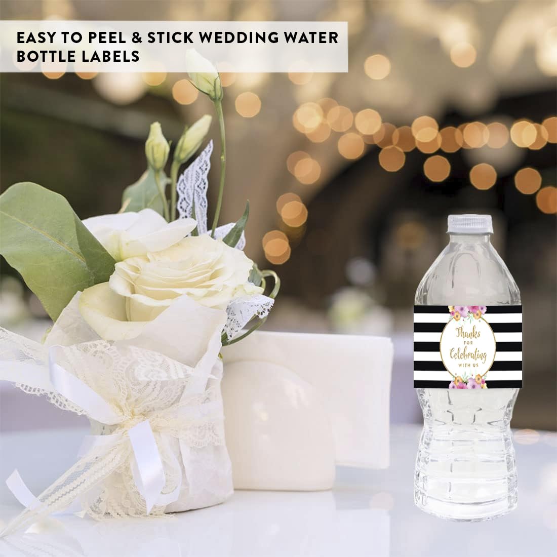 Andaz Press Floral Gold Glitter Wedding Water Bottle Labels - 20 Pack Stickers for Bridal Showers, Bachelorette Parties & DIY Wedding Decor