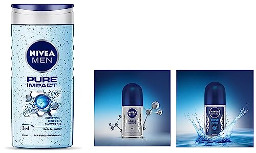 NIVEA Men Body Wash 250ml & Deodorant Set - Fresh Active Roll On 50ml & Silver Protect Roll On 50ml | 48h Antibacterial Odor Protection | Gift Set for Men's Daily Shower & Gym Essentials