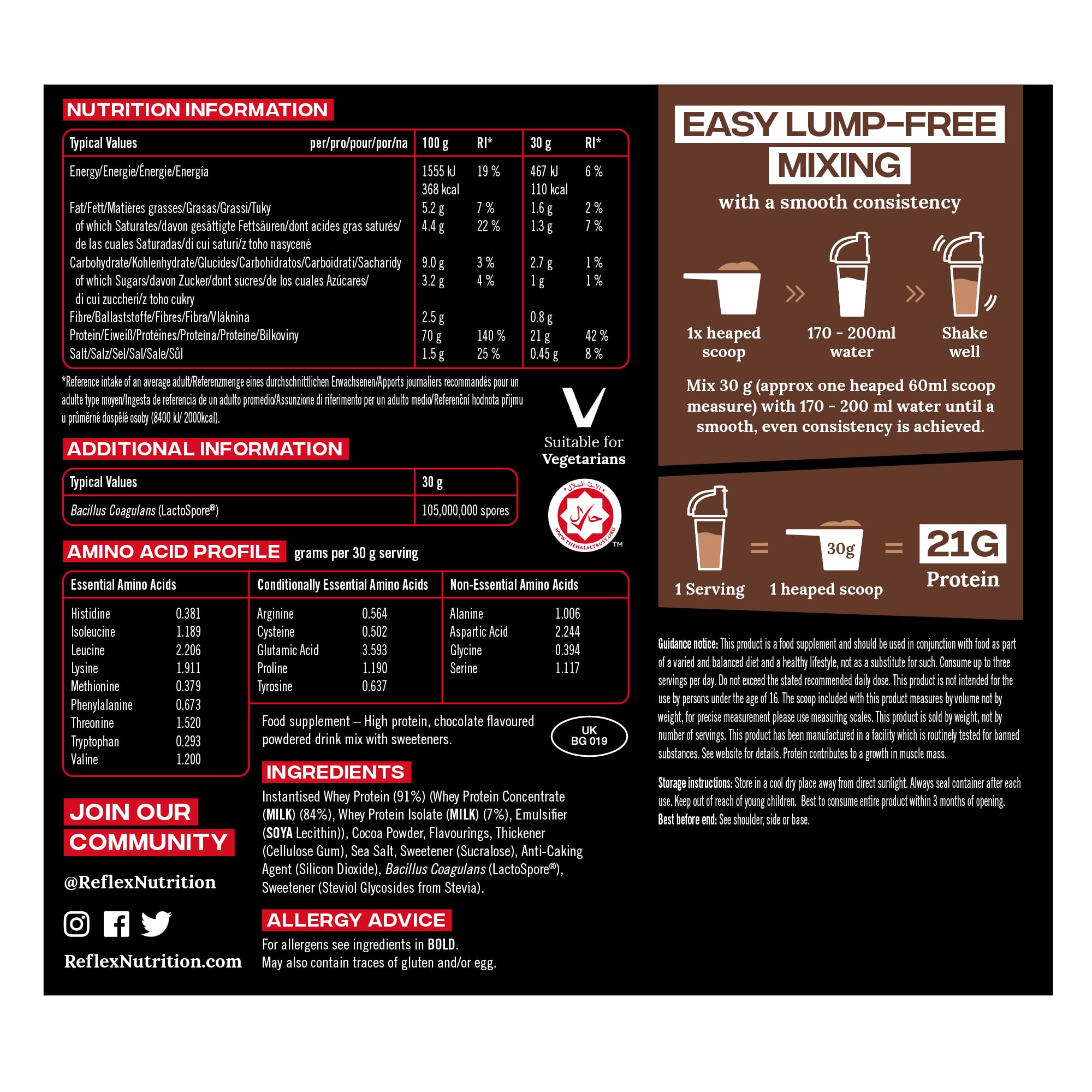 Reflex Nutrition 100% Whey Protein Powder - 80% Pure Whey with EAA Amino Acids - No Added Sugar - Pre & Post Workout Supplement for Muscle Recovery (Chocolate Flavor, 2kg/4.4lb, 66 Servings) - Ideal for Gym, Fitness & Bodybuilding Training