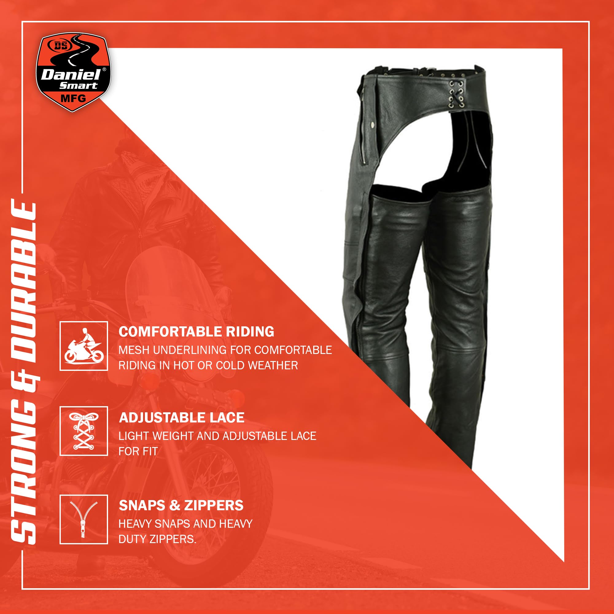 Daniel Smart Motorcycle Leather Chaps - All Season Unisex Biker Pants with Adjustable Fit & Convenient Pockets | Perfect for Harley, Cruiser & Road Trips