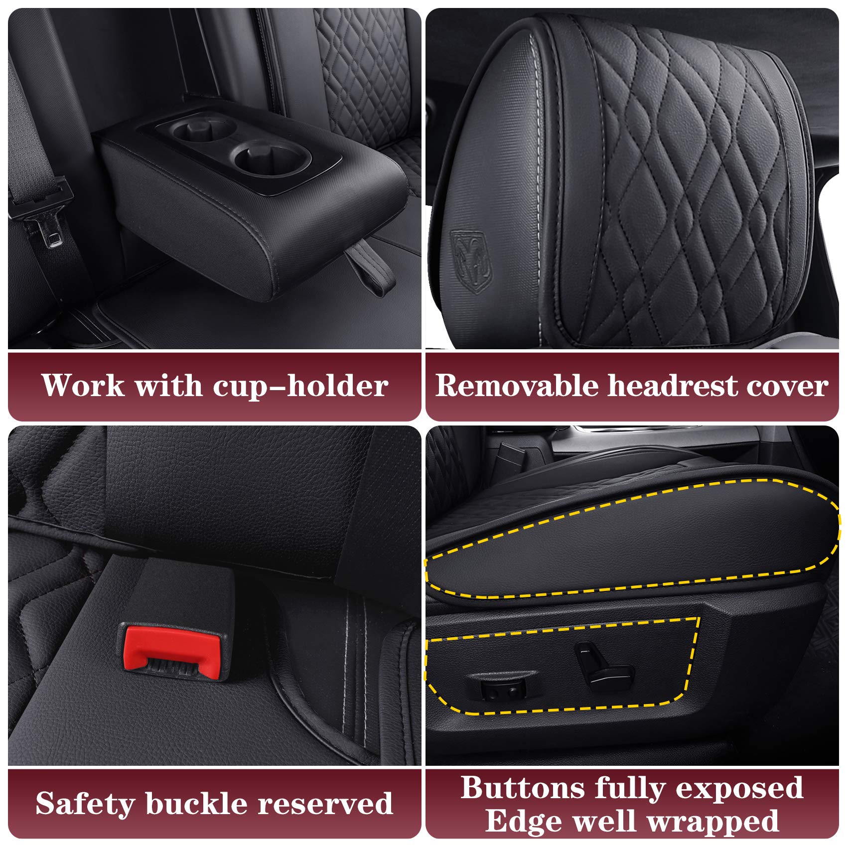 Premium Dodge Ram Seat Covers Full Set - Custom Fit for 2009-2025 Ram 1500/2500/3500 Pickup Trucks - Waterproof Leather Cushions for Crew/Double/Quad Cab (Black) - Perfect for Road Trips, Off-Road Adventures & Daily Commutes