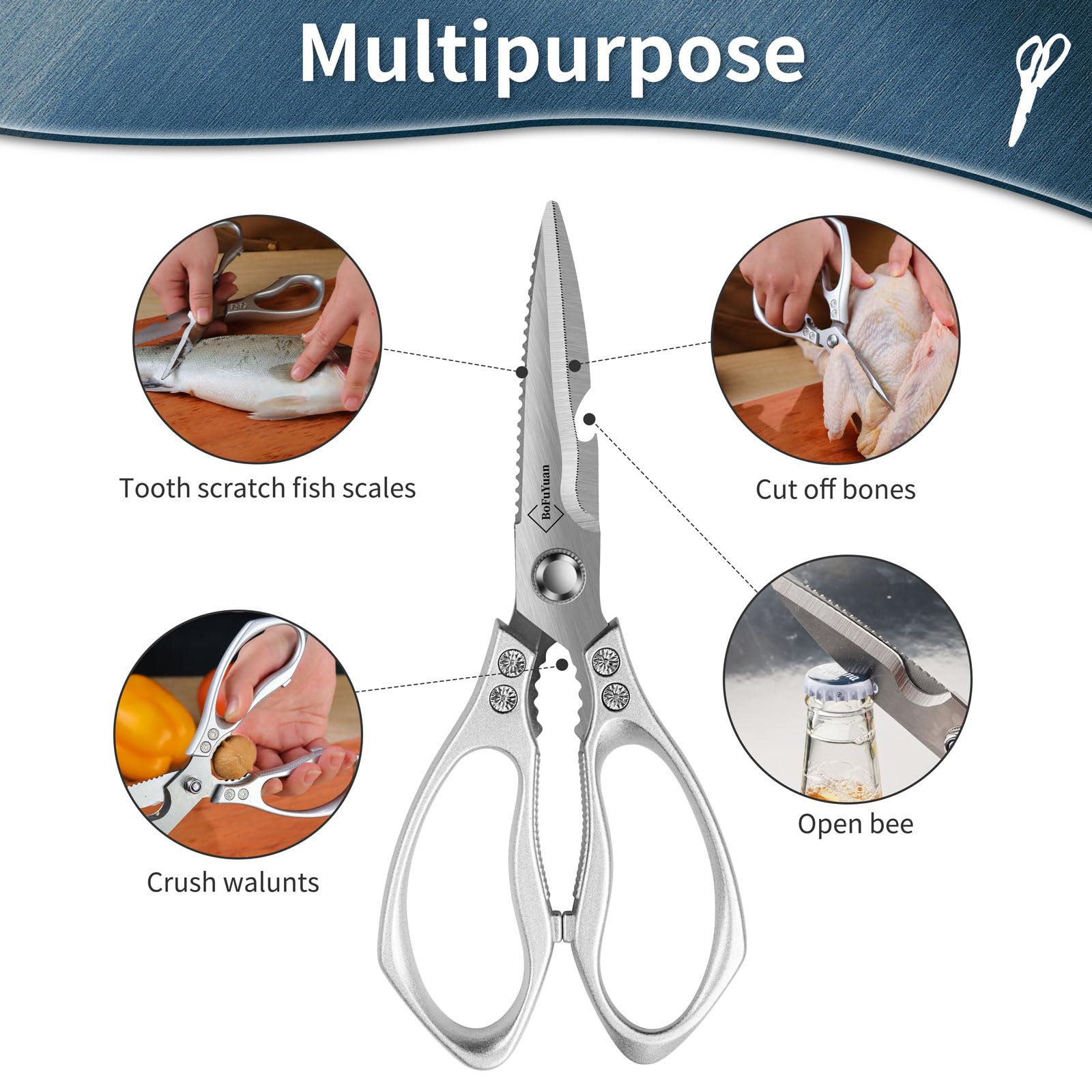 Heavy-Duty 9-Inch Stainless Steel Kitchen Shears - Multipurpose Food Scissors for Cutting Chicken, Meat, Bones & Herbs - Perfect for Meal Prep, Butchering & Cooking