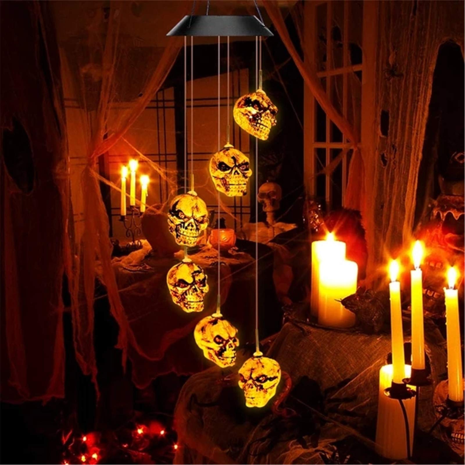Solar Powered Halloween Wind Chimes with Pumpkin & Witch Hat - LED Ghost Lights for Home Decor, Garden, Trees & Door - Outdoor Party Lighting Decorations (Skull Design) - Perfect for Halloween Parties, Porch Decor & Spooky Nighttime Ambiance