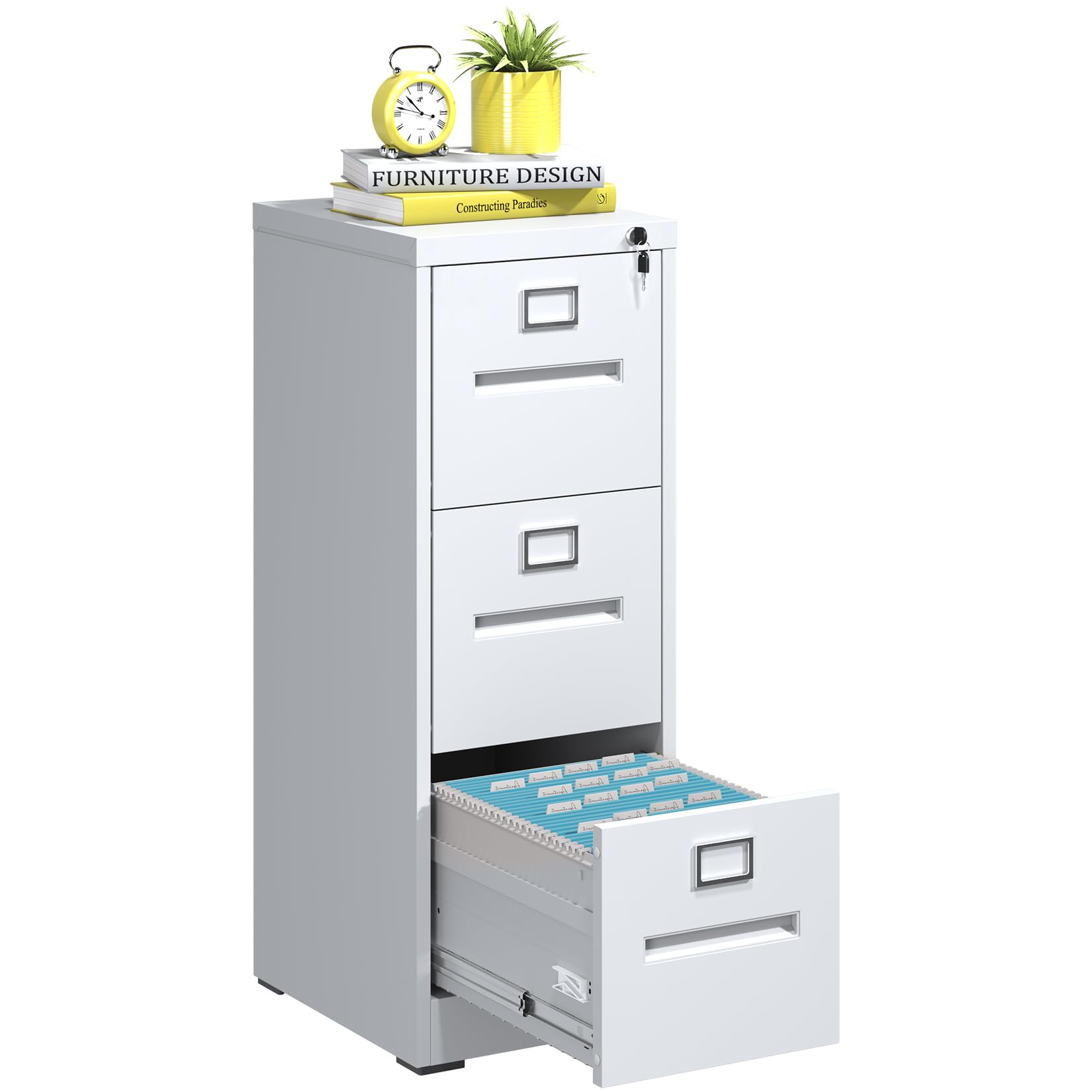 3 Drawer File Cabinet - Black Metal Vertical Filing Cabinet for Home Office, Lockable Steel File Cabinet for Legal/Letter/A4/F4 Documents, Easy Assembly (White) - Perfect for Organizing Office Files, Home Office Storage & Small Business Use