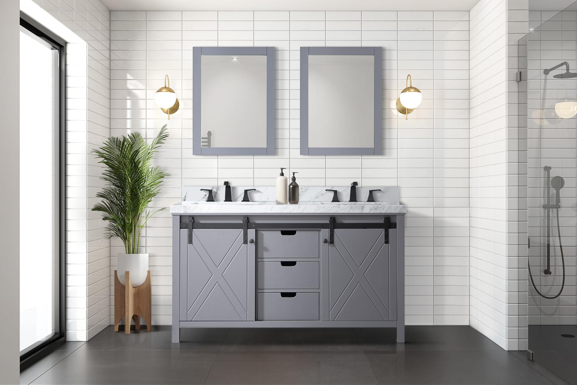 Ketchum 60 Inch Wide x 22 Inch Deep Dark Grey Double Bathroom Vanity with Carrara Marble Countertop and 24 Inch Mirrors - Perfect for Master Bathroom Renovation and Modern Home Decor