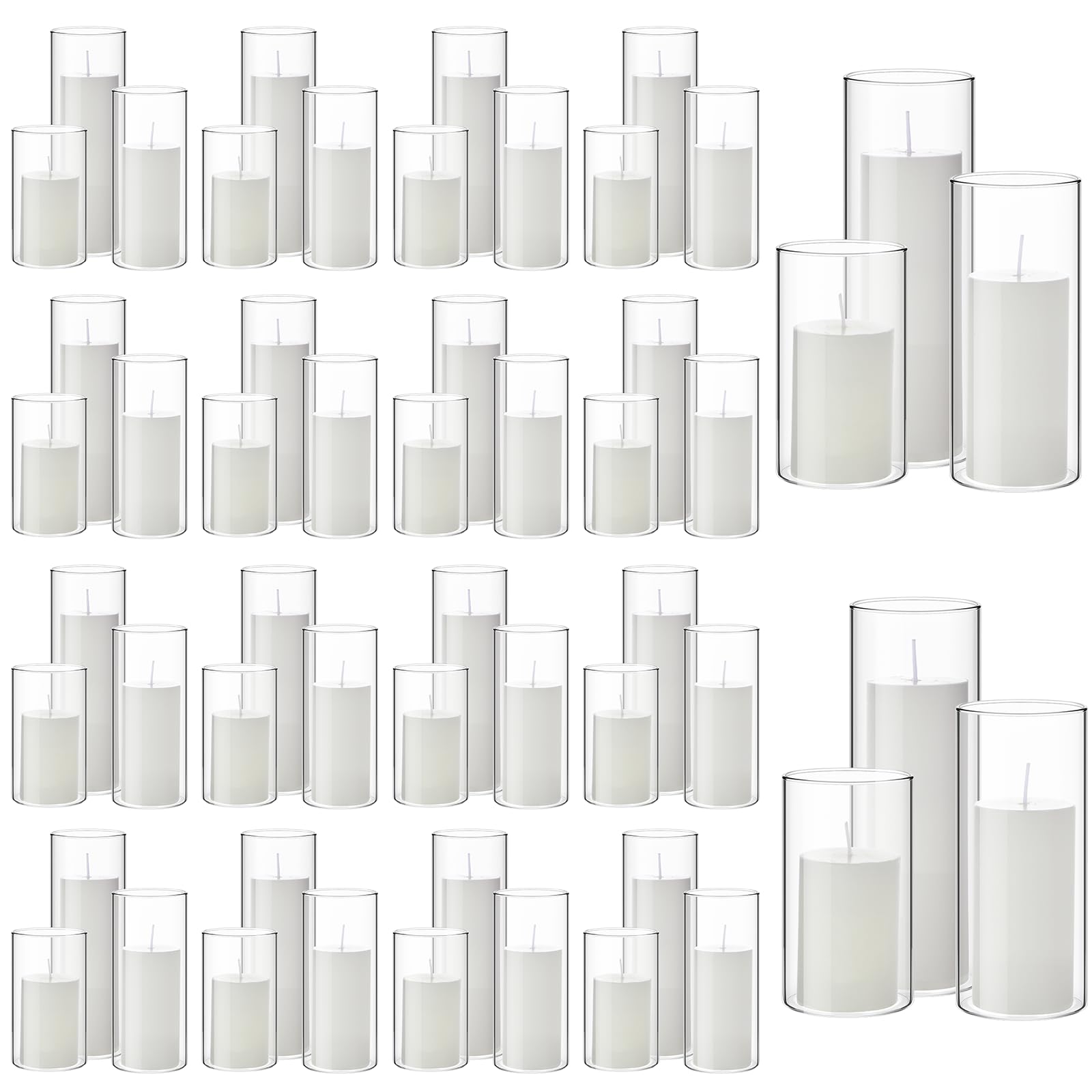 Shihanee 108-Piece White Pillar Candles & Clear Glass Cylinder Vases Set - 54 Complete Candle Holders for Table Decor, Weddings, Parties & Home Décor