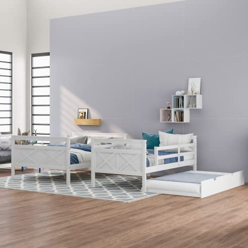 Twin Over Full Bunk Bed with Twin Trundle - Solid Wood Loft Bed Frame with Slanted Ladder & Full-Length Guardrail - Converts to 2 Separate Beds - Ideal for Kids, Teens & Small Bedrooms - Perfect for Shared Rooms, Sleepovers & Space-Saving Solutions - White