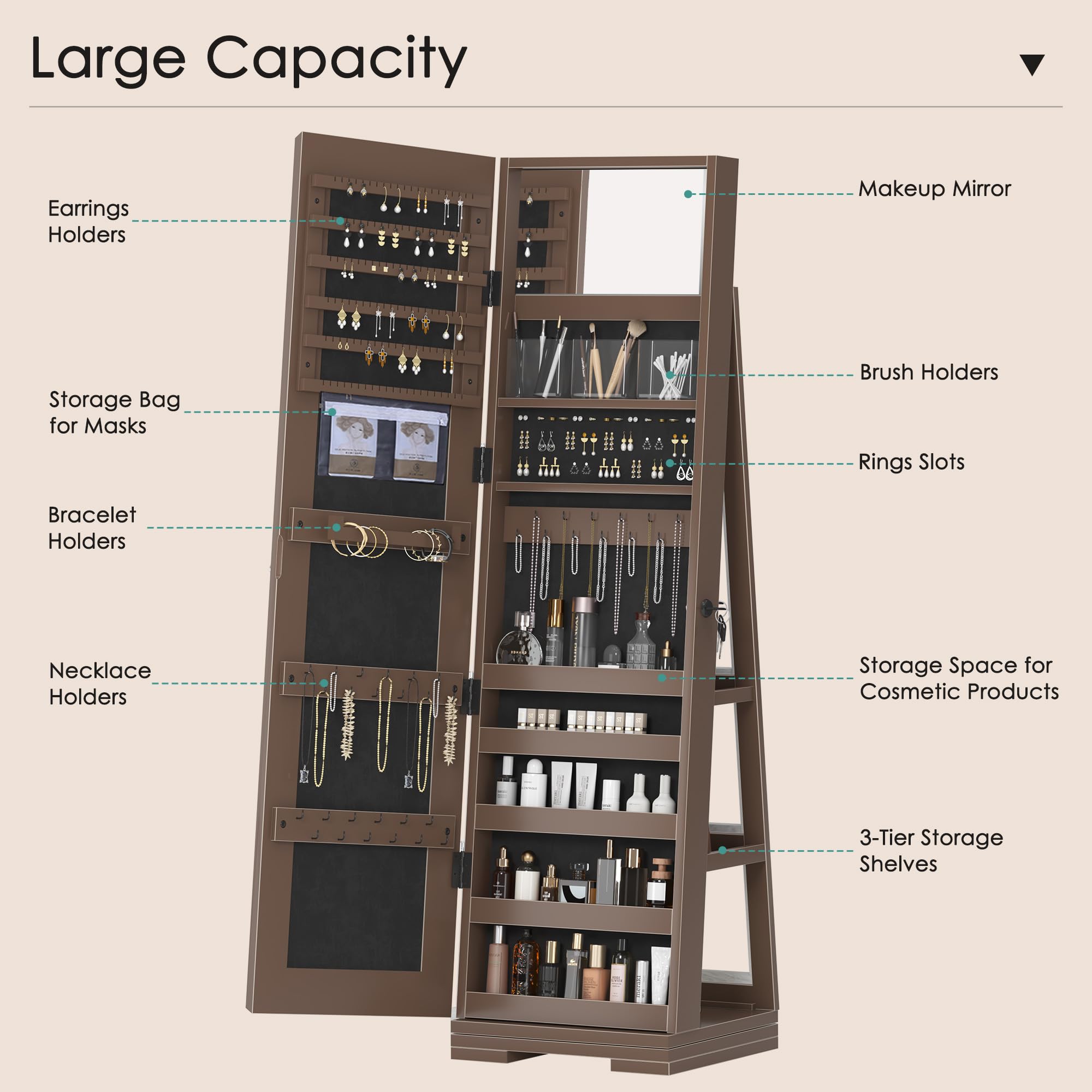 DlandHome Lockable Jewelry Cabinet with Full-Length Mirror - Jewelry Organizer with Storage Shelves & Built-in Small Mirror - Jewelry Armoire for Bedroom, Closet & Dressing Room (Model QH-7021C-BW)