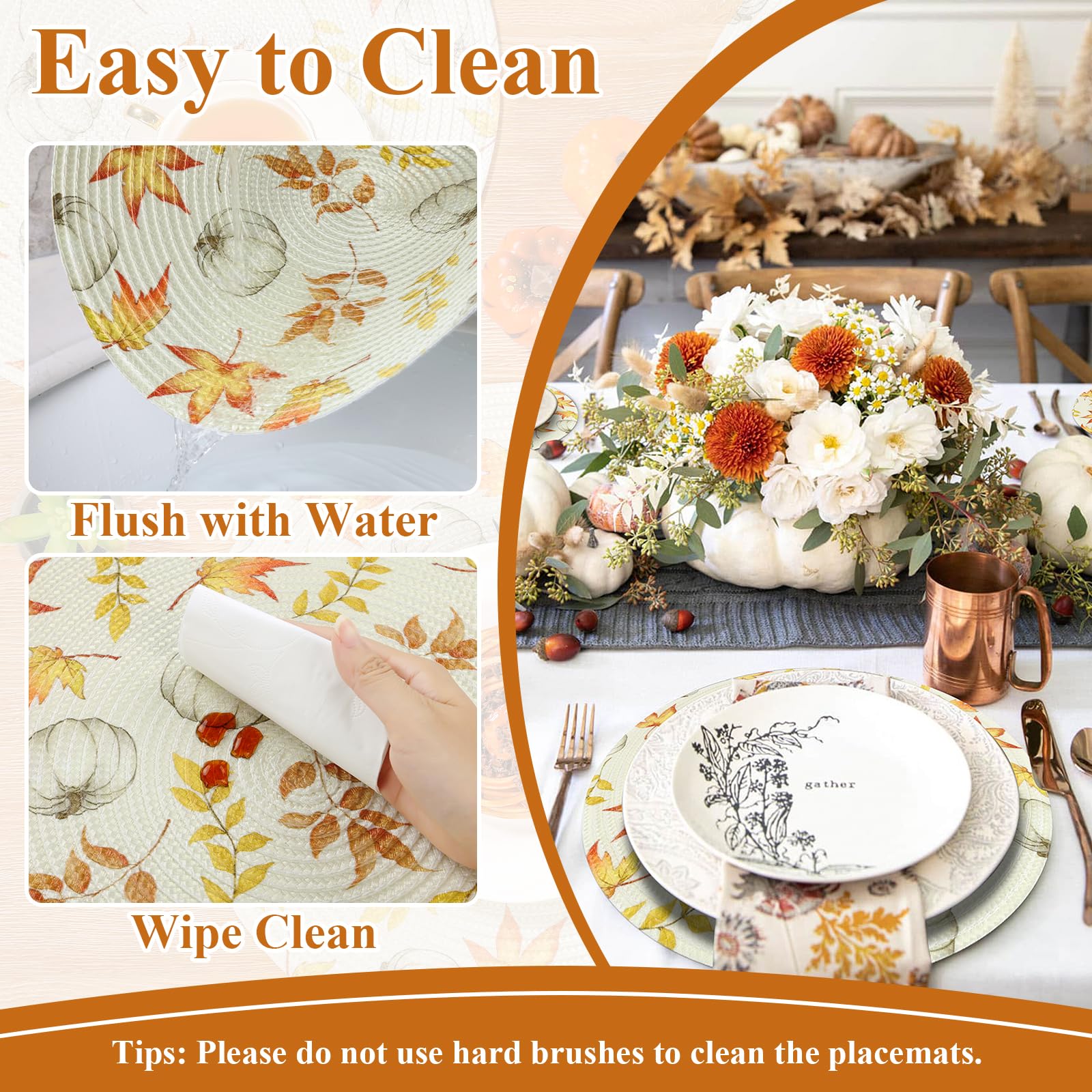 U'Artlines Fall Round Braided Placemats Set of 4 - 15 Inch Pumpkin & Leaves Design, Washable Woven Table Mats for Thanksgiving, Kitchen, Dining Table Decor | Perfect for Autumn Gatherings, Holiday Parties & Cozy Home Dining