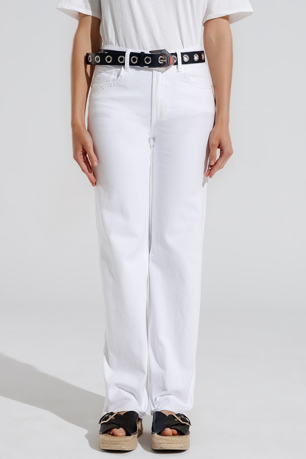 Stretch Denim Straight Leg Jeans with 5 Pockets in White - Perfect for Casual Wear, Office Outfits & Everyday Comfort