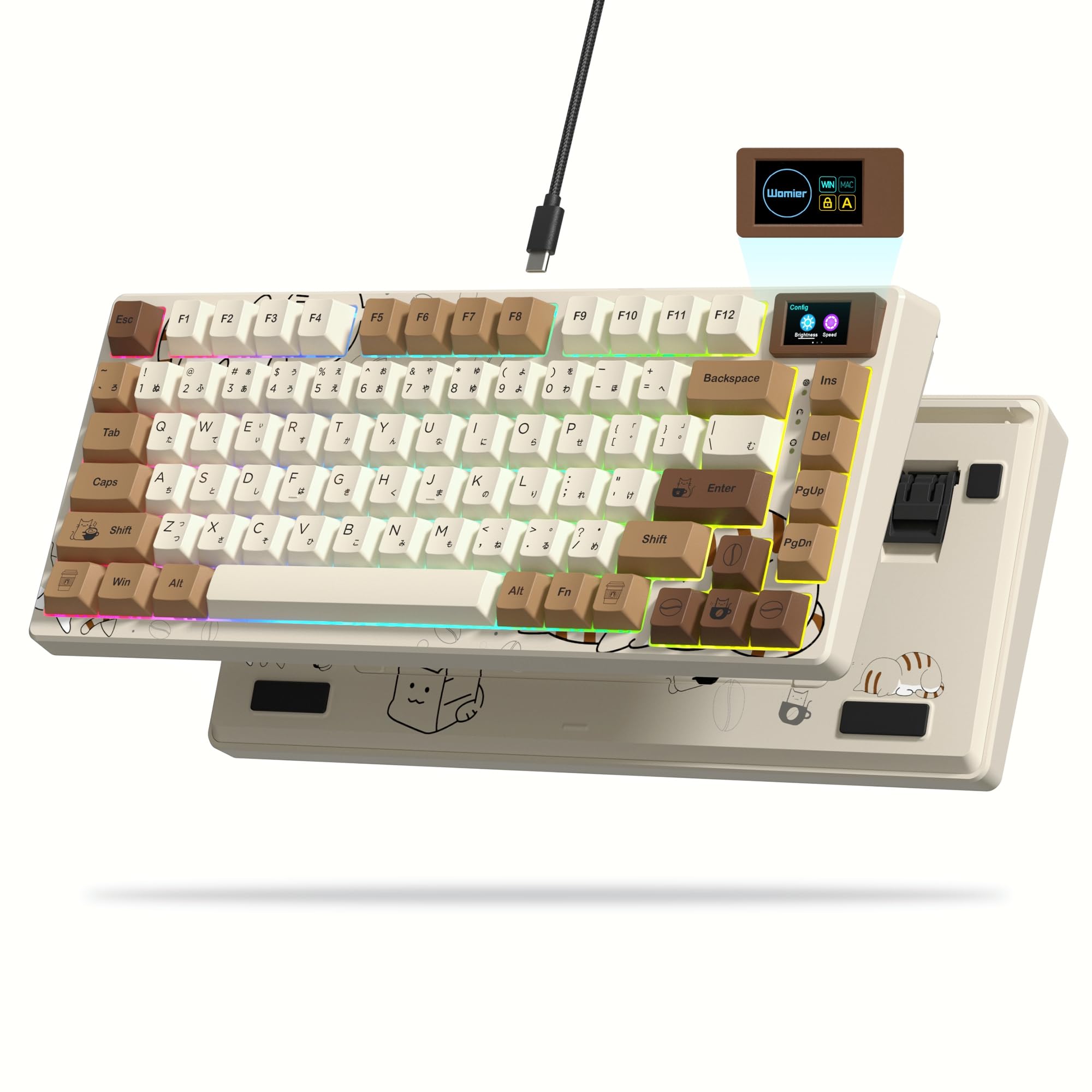 Womier SK80 Retro 75% Mechanical Gaming Keyboard with Color Multimedia Display - Hot Swappable Gasket Mount, RGB Backlit, Pre-lubed Stabilizers for Mac/Windows (Coffee Cat Theme) - Perfect for Typing, Gaming & Office Work