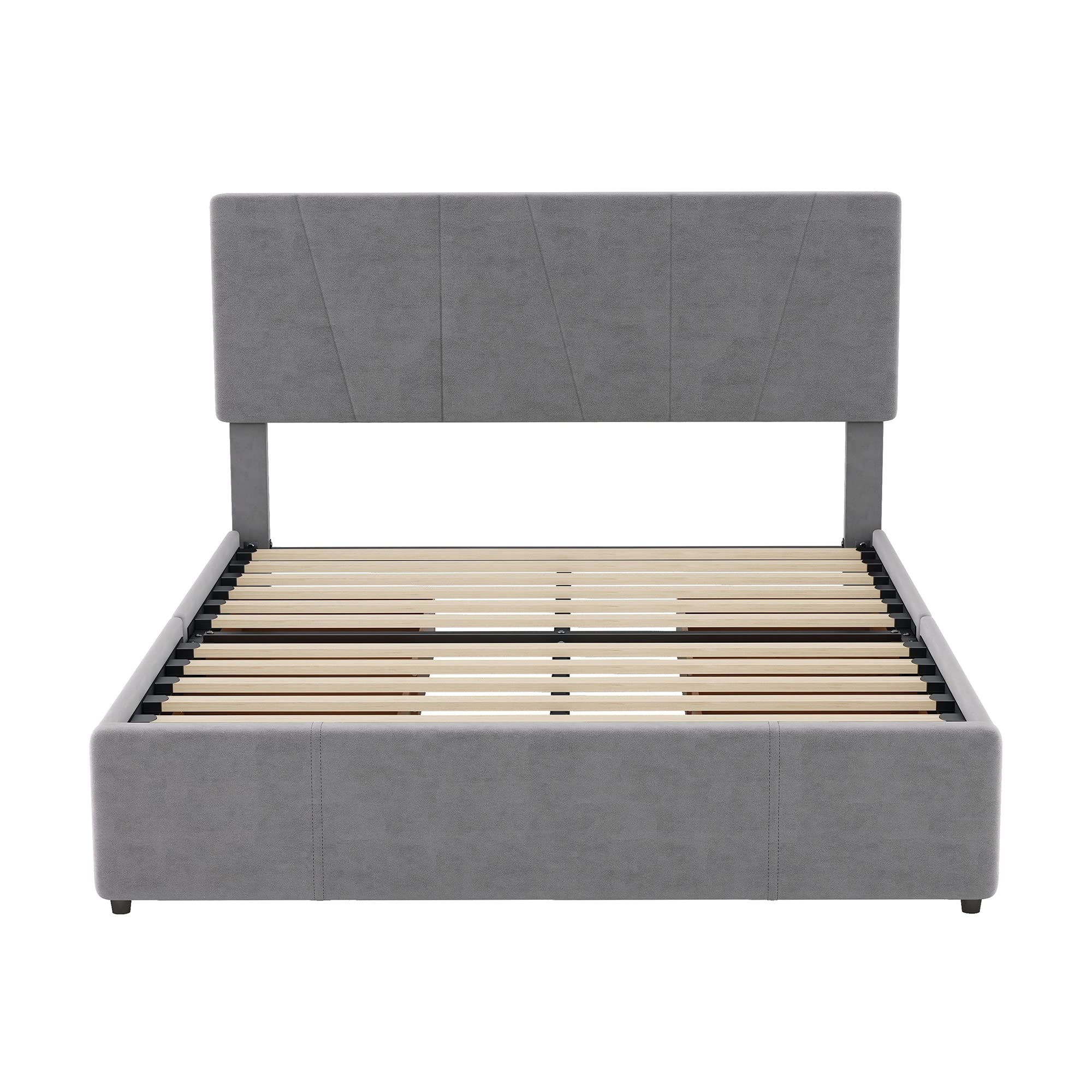 JULYFOX Full Size Velvet Upholstered Bed Frame with Tufted Headboard & 4 Storage Drawers - Heavy Duty 500 lbs Capacity, No Box Spring Needed (Gray) - Perfect for Small Bedrooms, Guest Rooms & Modern Apartments