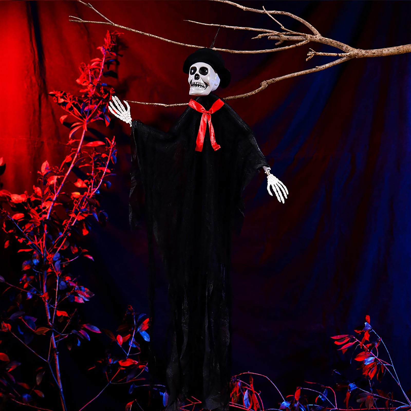Zewuai Halloween Skeleton Hanging Decor - Hooded Scary Skeleton for Haunted House, Party & Yard Decoration - Spooky Wall Hanging Tapestry Under $3 - Perfect for Halloween Parties, Home Haunt & Outdoor Decor