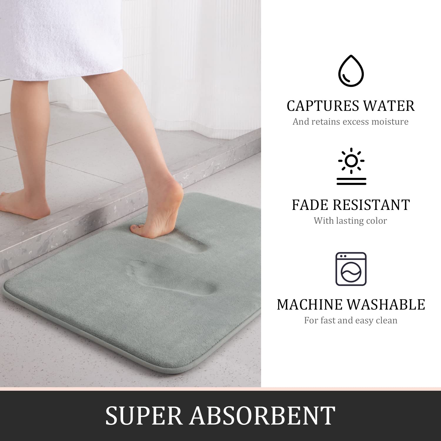 YIHOUSE 3-Piece Memory Foam Bath Mat Set - Non-Slip, Absorbent for Shower & Bathroom - Light Grey