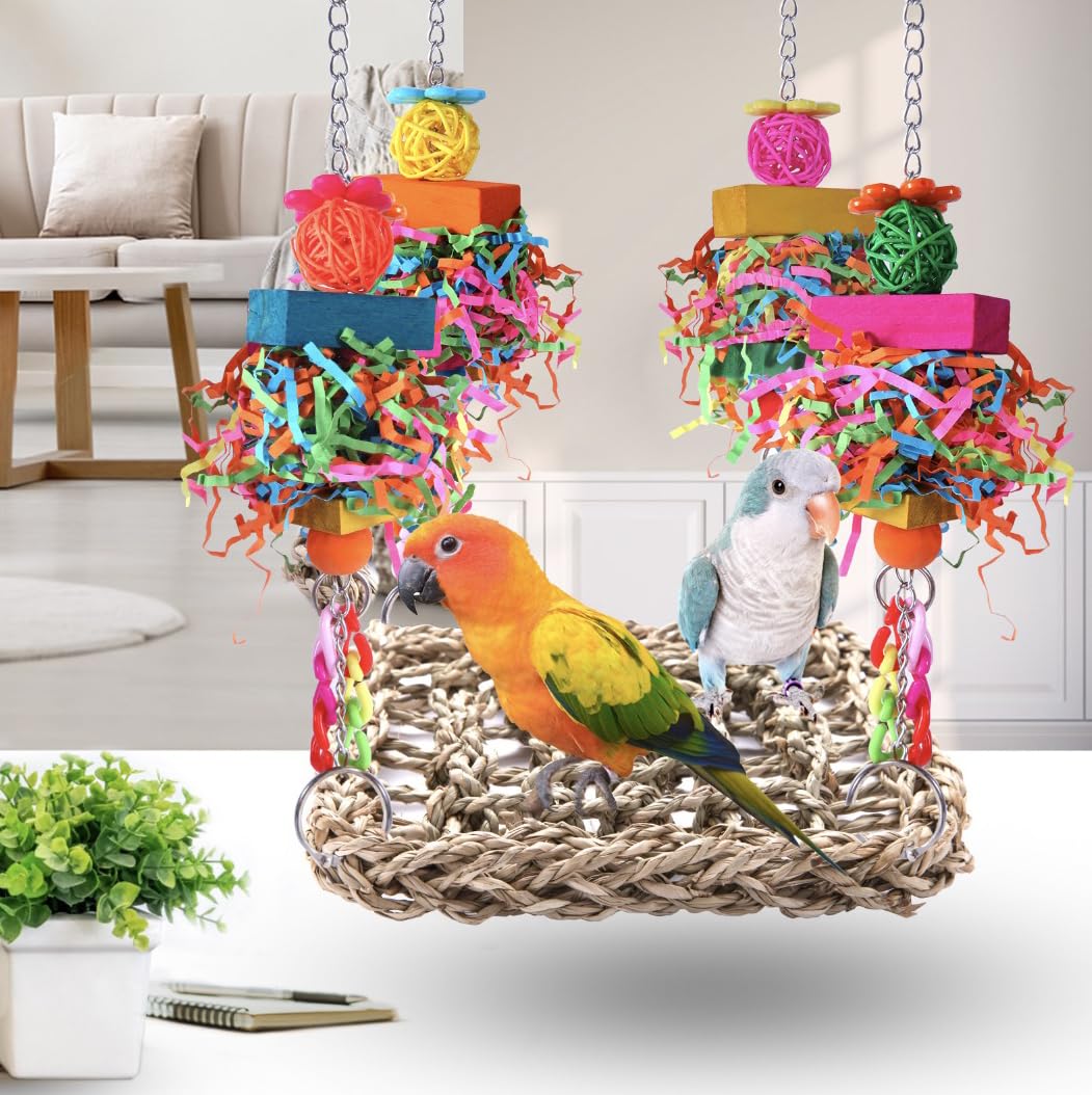 Parakeet Toys for Small Birds - Seagrass Woven Hammock Swing & Foraging Wall for Lovebirds, Cockatiel, Budgie - Bird Cage Accessories for Play & Relaxation - Perfect for Bird Cages, Aviaries & Pet Play Areas