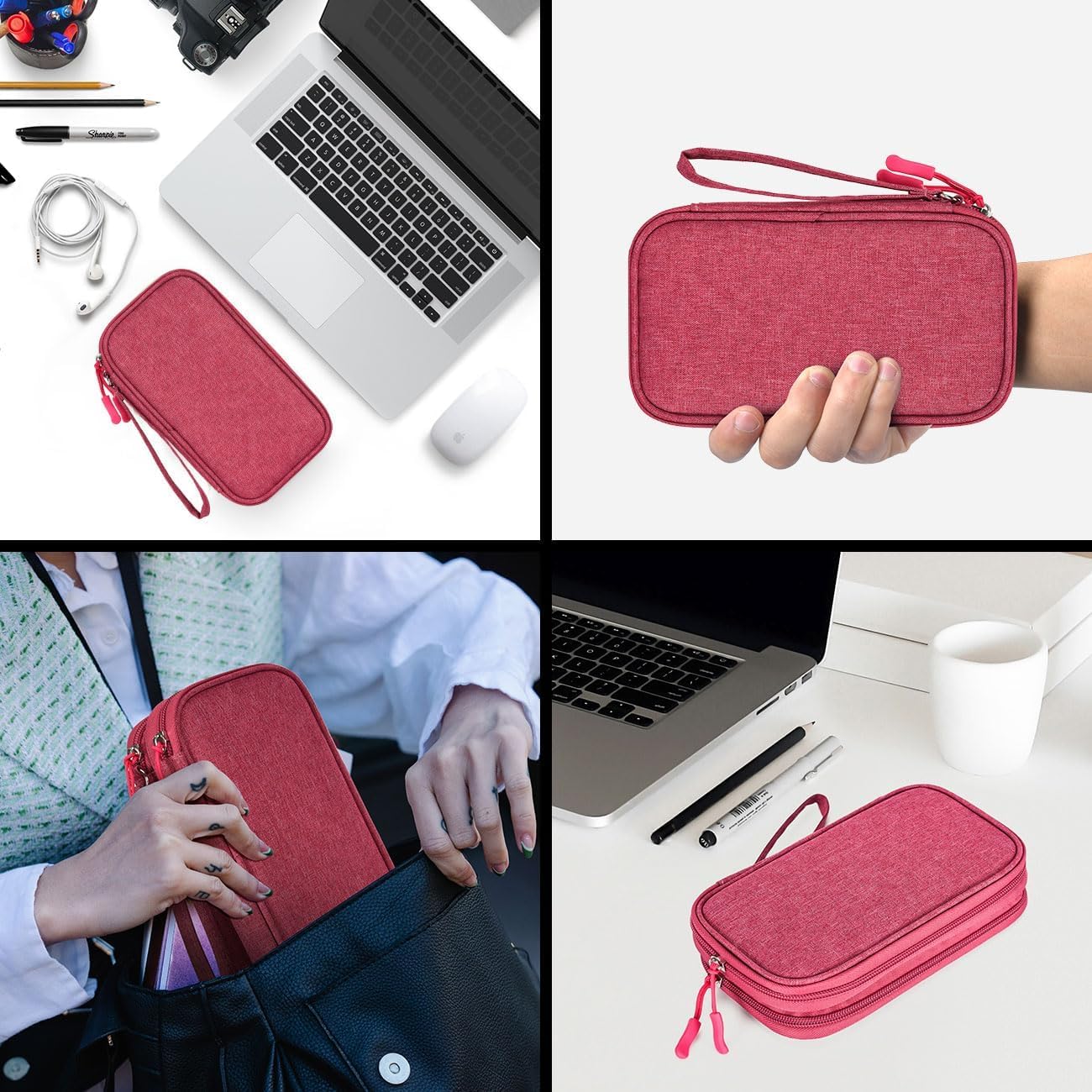Waterproof Electronic Organizer Travel Bag for Power Bank, Charging Cords & USB Cables - Portable Cable Accessories Case (Rose Red) - Perfect for Travel, Office & Daily Organization