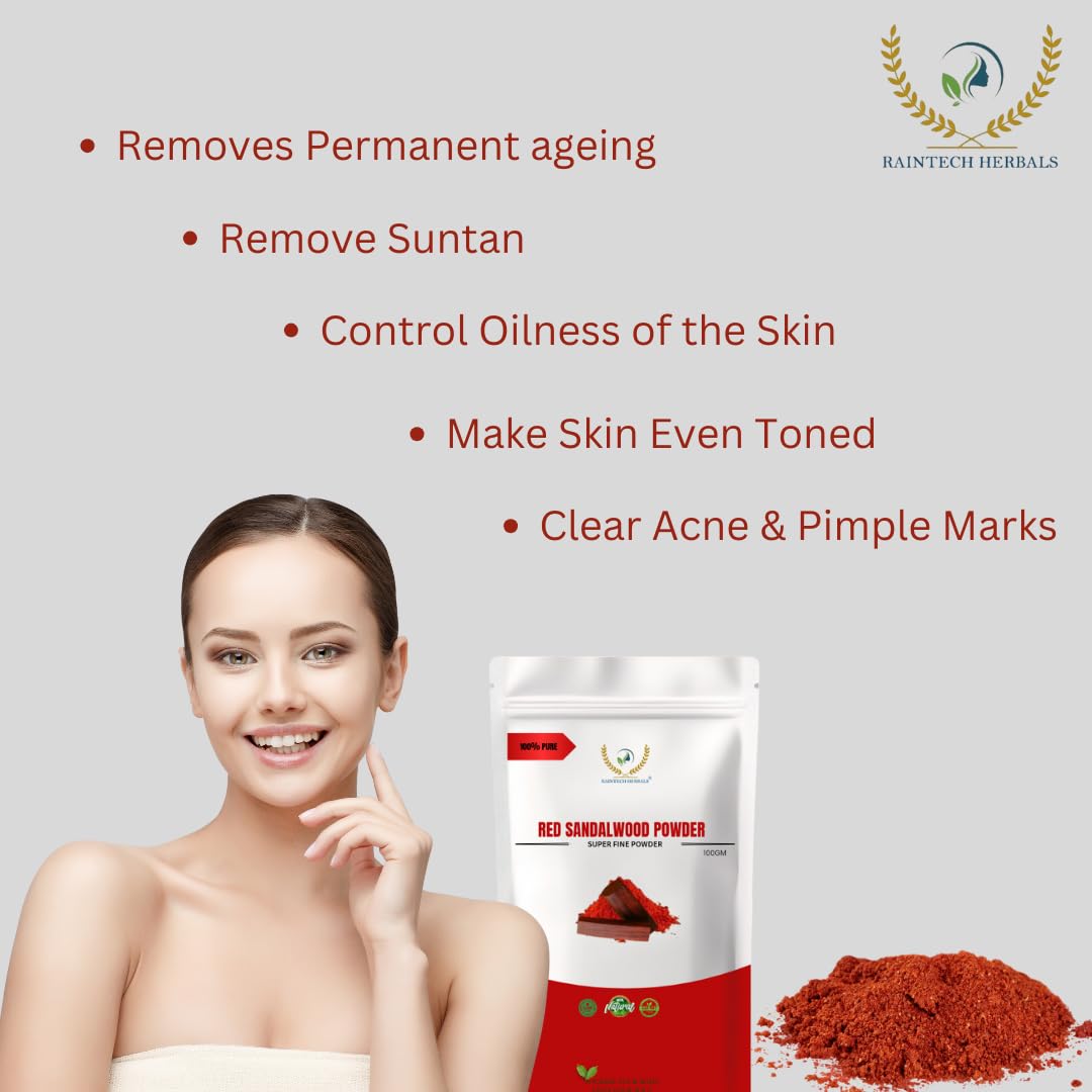 RAINTECH HERBALS Natural Red Sandalwood Powder (Rakthachandana Podi) 100g | Soothing Exfoliating Face Mask for Glowing Skin | Vegan & Cruelty-Free Formula for Men & Women | DIY Skincare, Ayurvedic Beauty Routine & Spa Treatment