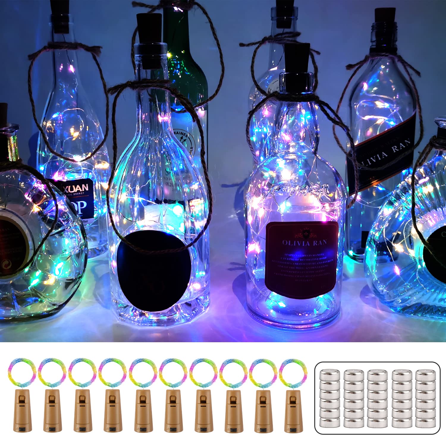 20 LED Wine Bottle Lights with Cork - 6.6ft Multicolor Fairy Lights (5 Lighting Modes) for Halloween, Christmas Party Decor - Includes 30 Spare Batteries (10 Pack) - Perfect for Home Bars, Wedding Centerpieces & Holiday Table Decorations