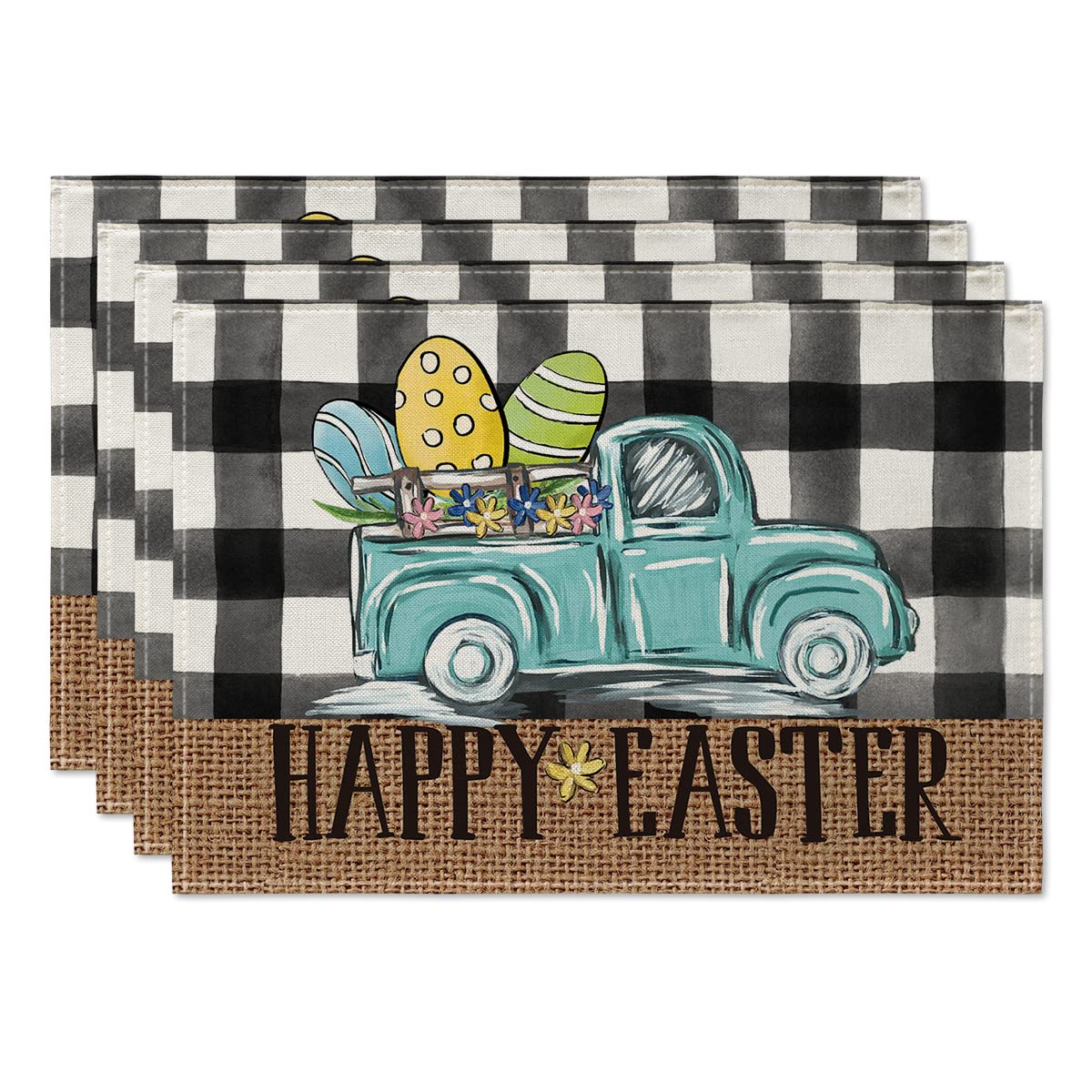 Buffalo Plaid Truck Easter Eggs Placemats - Set of 4 Rustic Vintage Washable Table Mats 12x18 Inch for Spring Holiday Dining Decor | Farmhouse Kitchen, Easter Brunch, Thanksgiving Dinner Table Setting