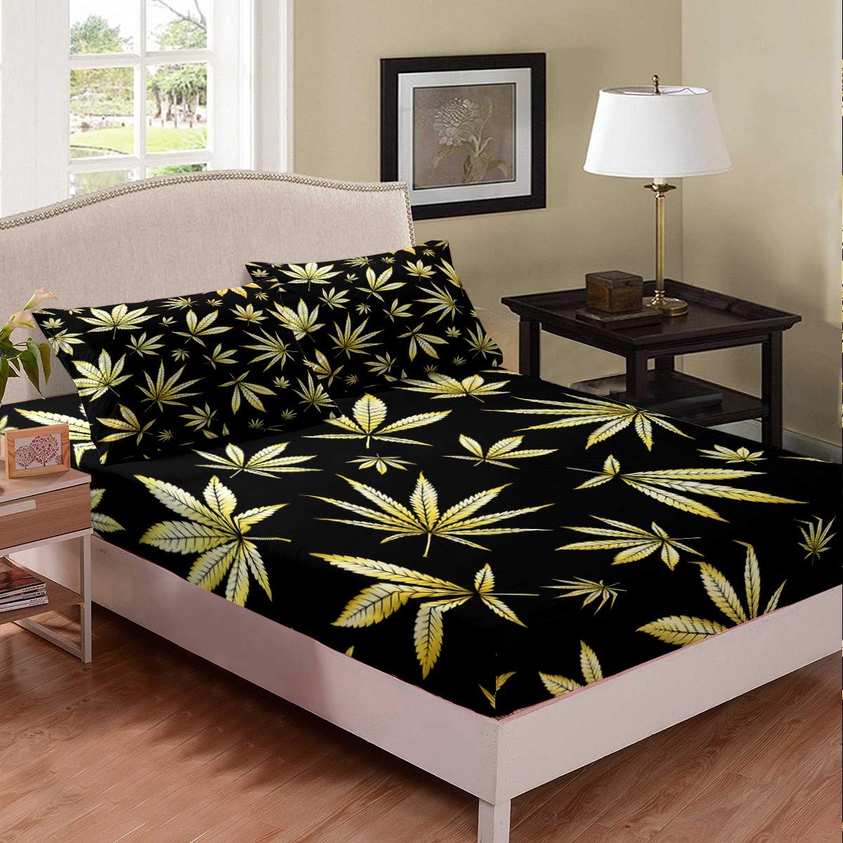 Erosebridal Bohemian Cannabis Leaves Fitted Sheet - Queen Size Trippy Weed Bedding Set with Deep Pockets (Yellow & Black) | Hippie Decor, Dorm Room Essentials, Stoner Gifts for 420 Lovers